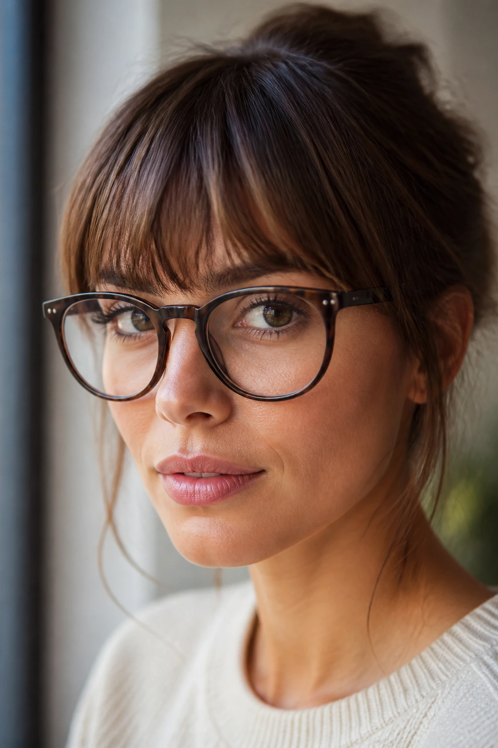 Close-up of a glasses-wearing woman showing fringe placement relative to frame line
