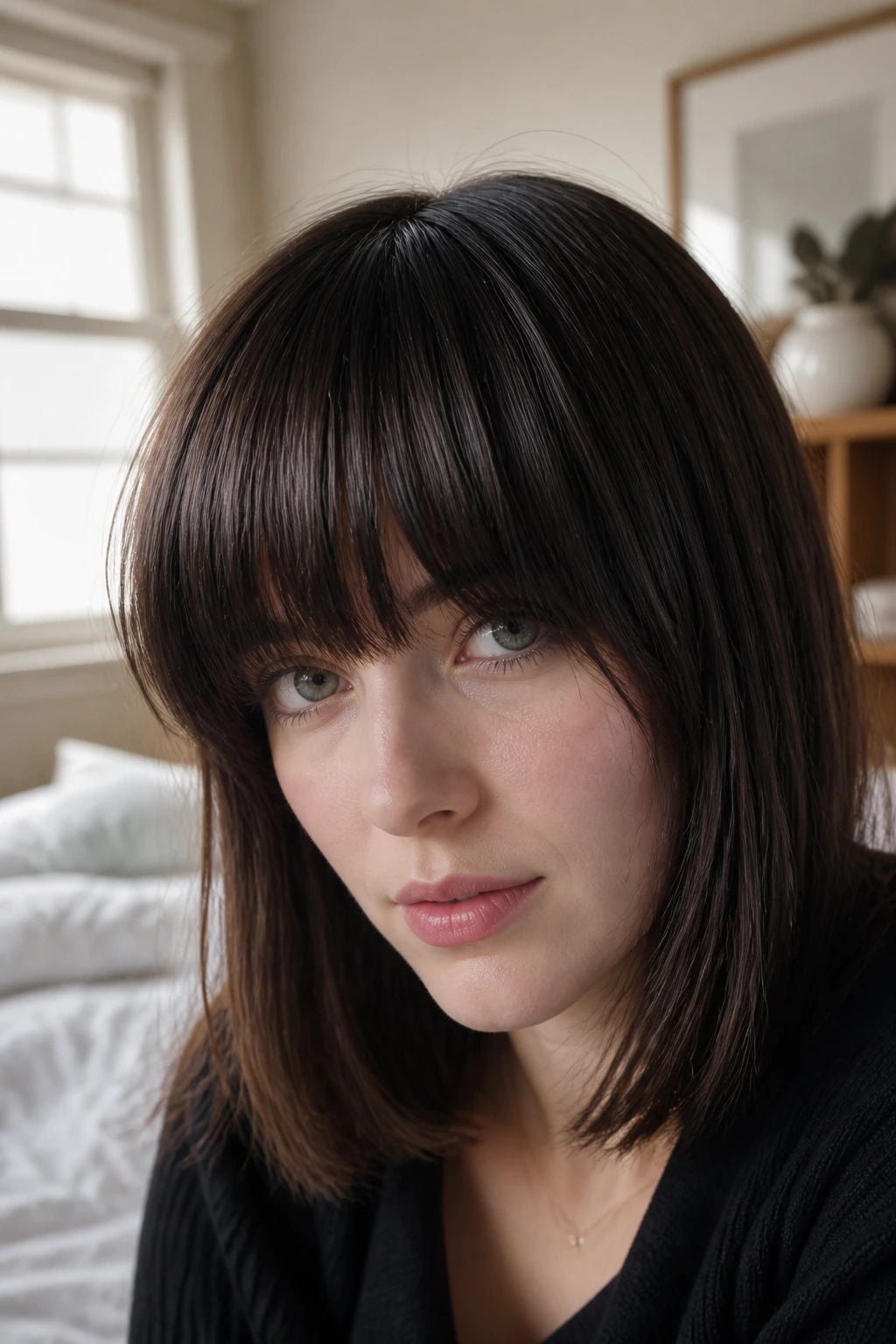 Close-up portrait of a woman with bold bangs in soft window light