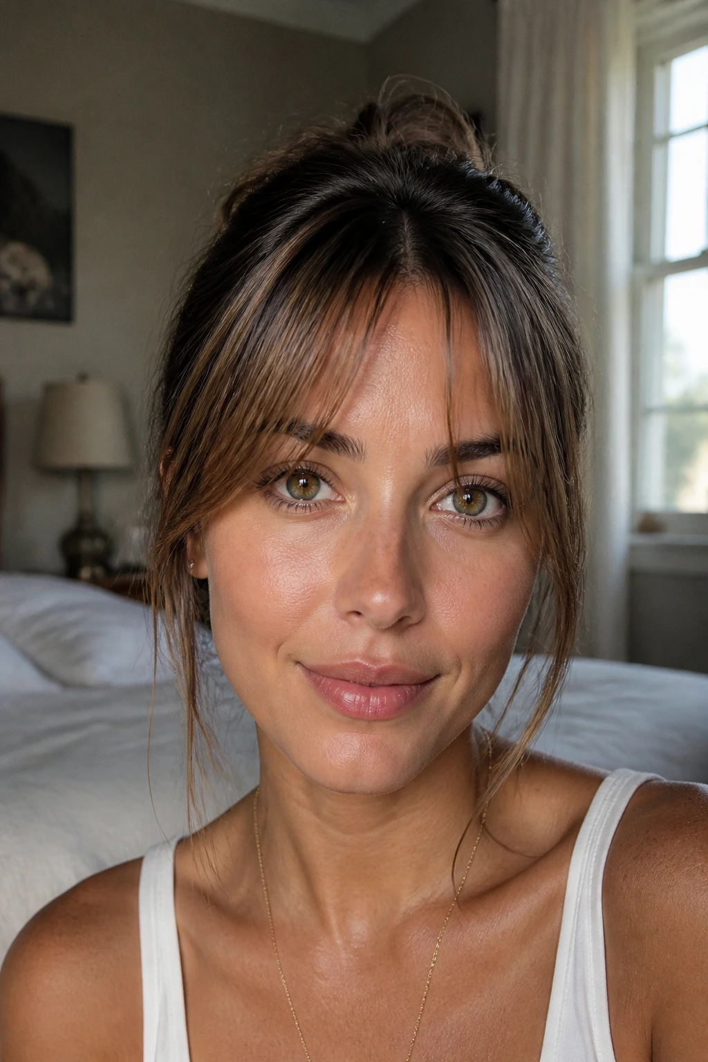 Close-up of a real woman with a narrow fringe and longer side pieces in soft window light