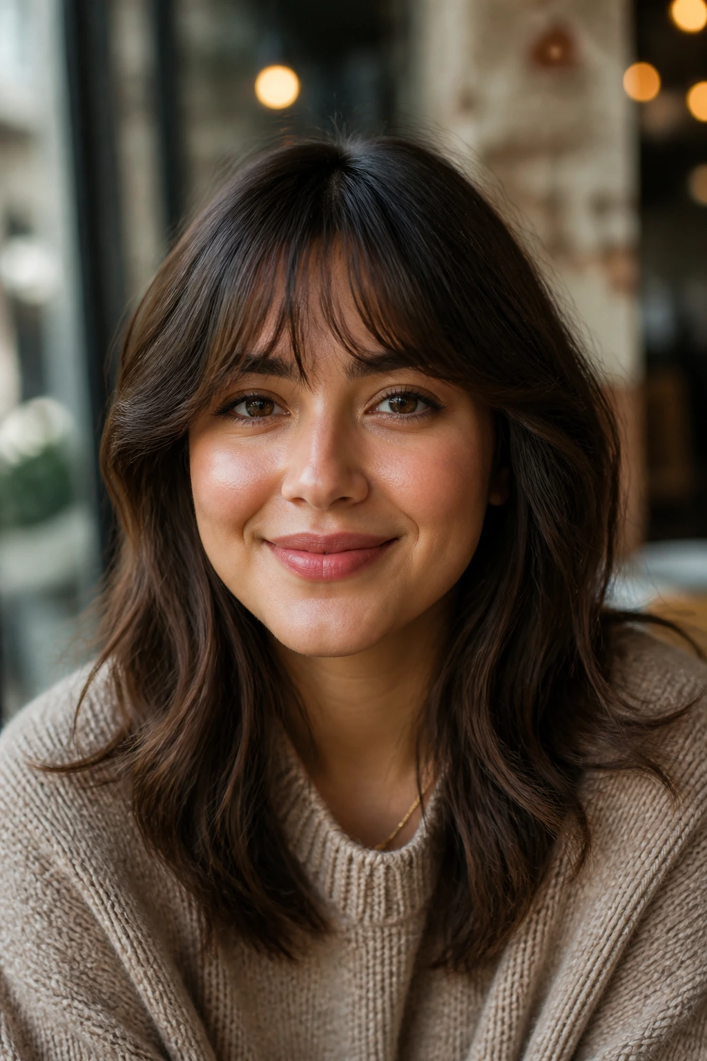 Close-up portrait of a person with a well-cut fringe flattering a round face in cafe light