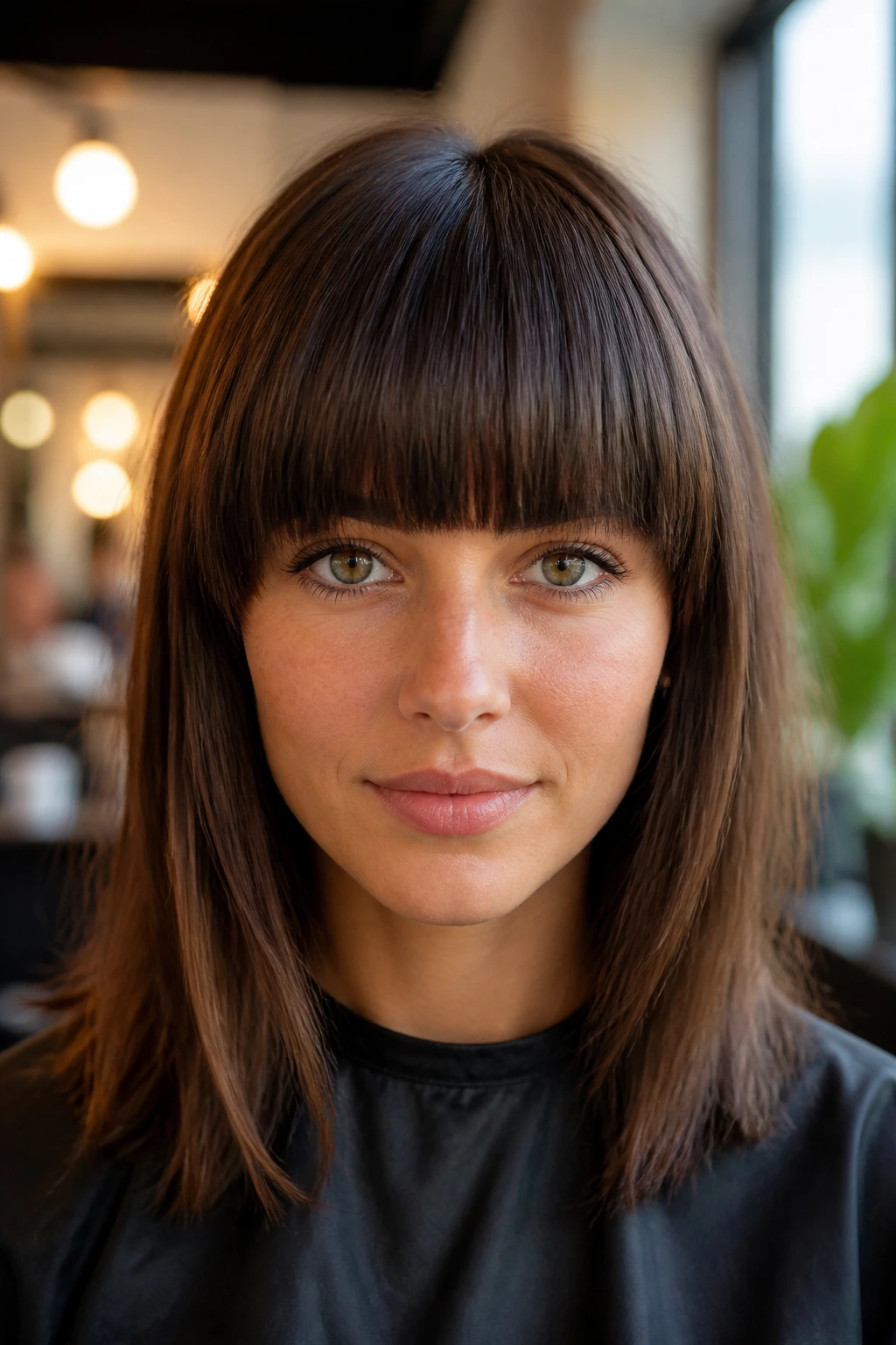 Close-up of a real woman's fringe across her forehead in a sunlit salon