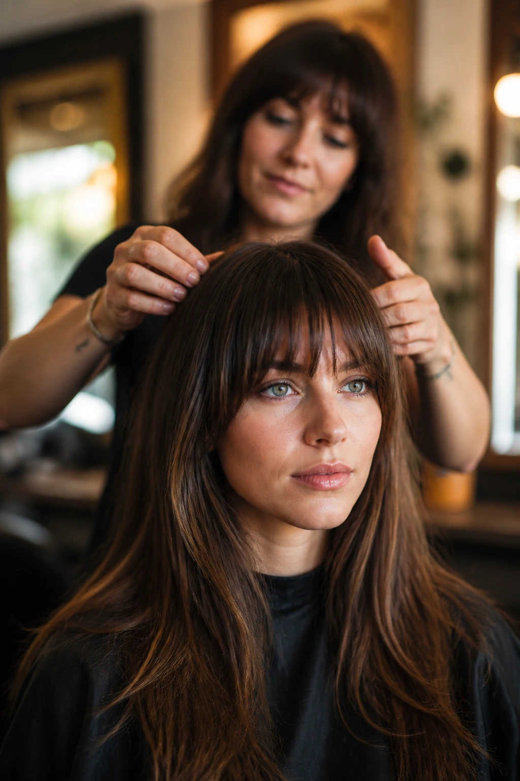 Close-up of a real woman in a salon with a fringe being discussed