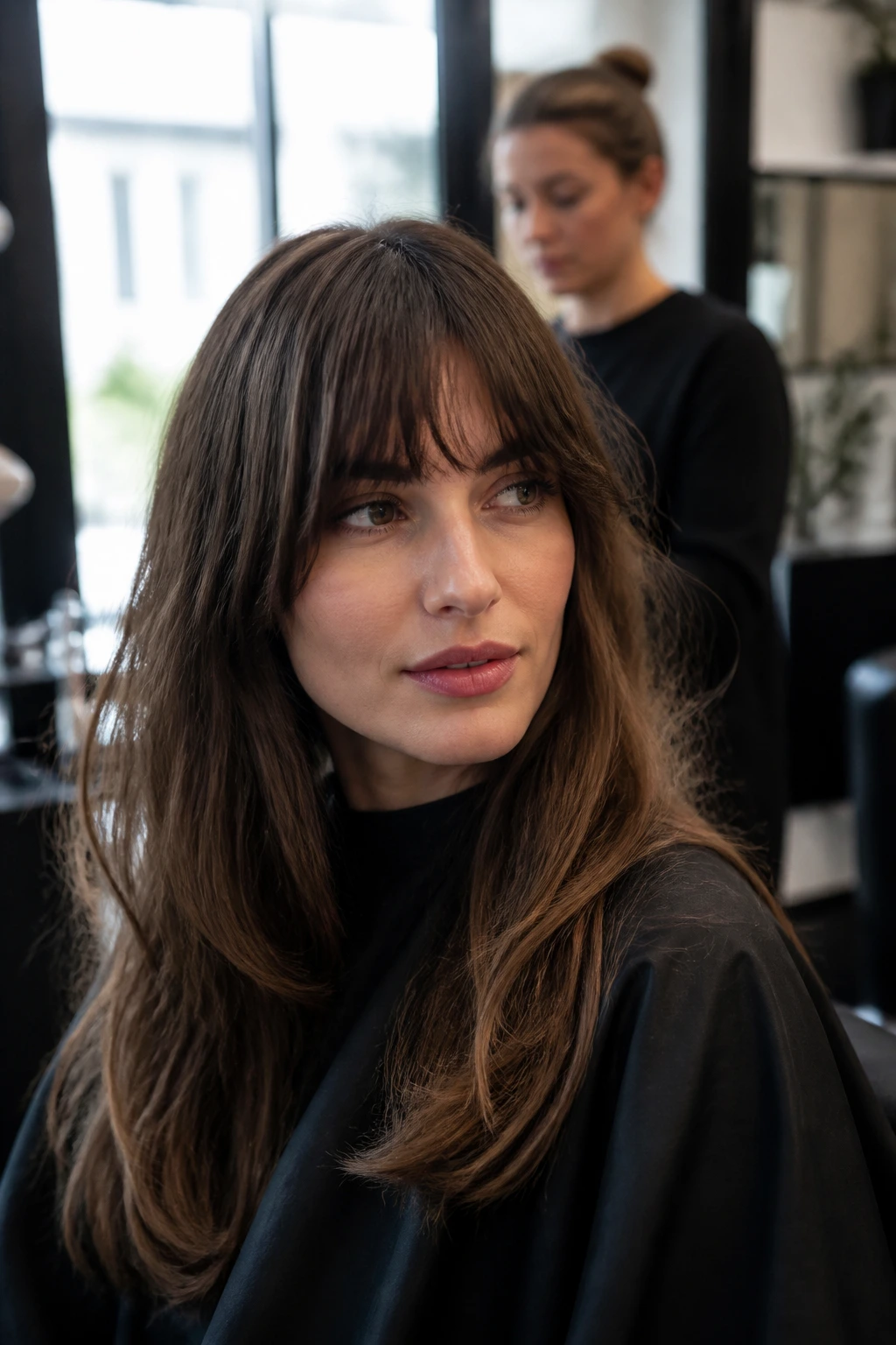 Woman with fringe in a salon chair with a stylist in background
