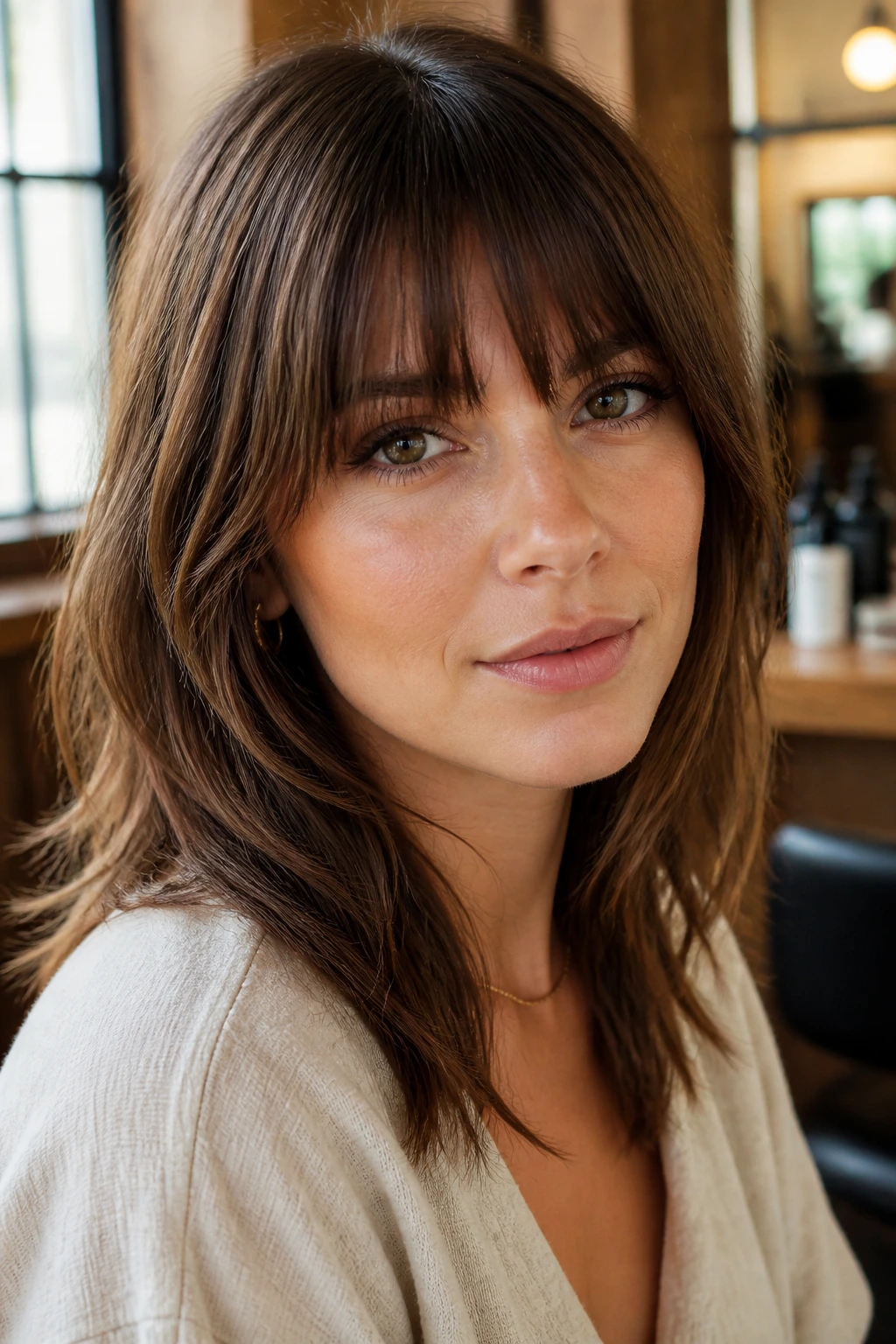 Close-up portrait of a real woman with a soft fringe in a warm salon setting