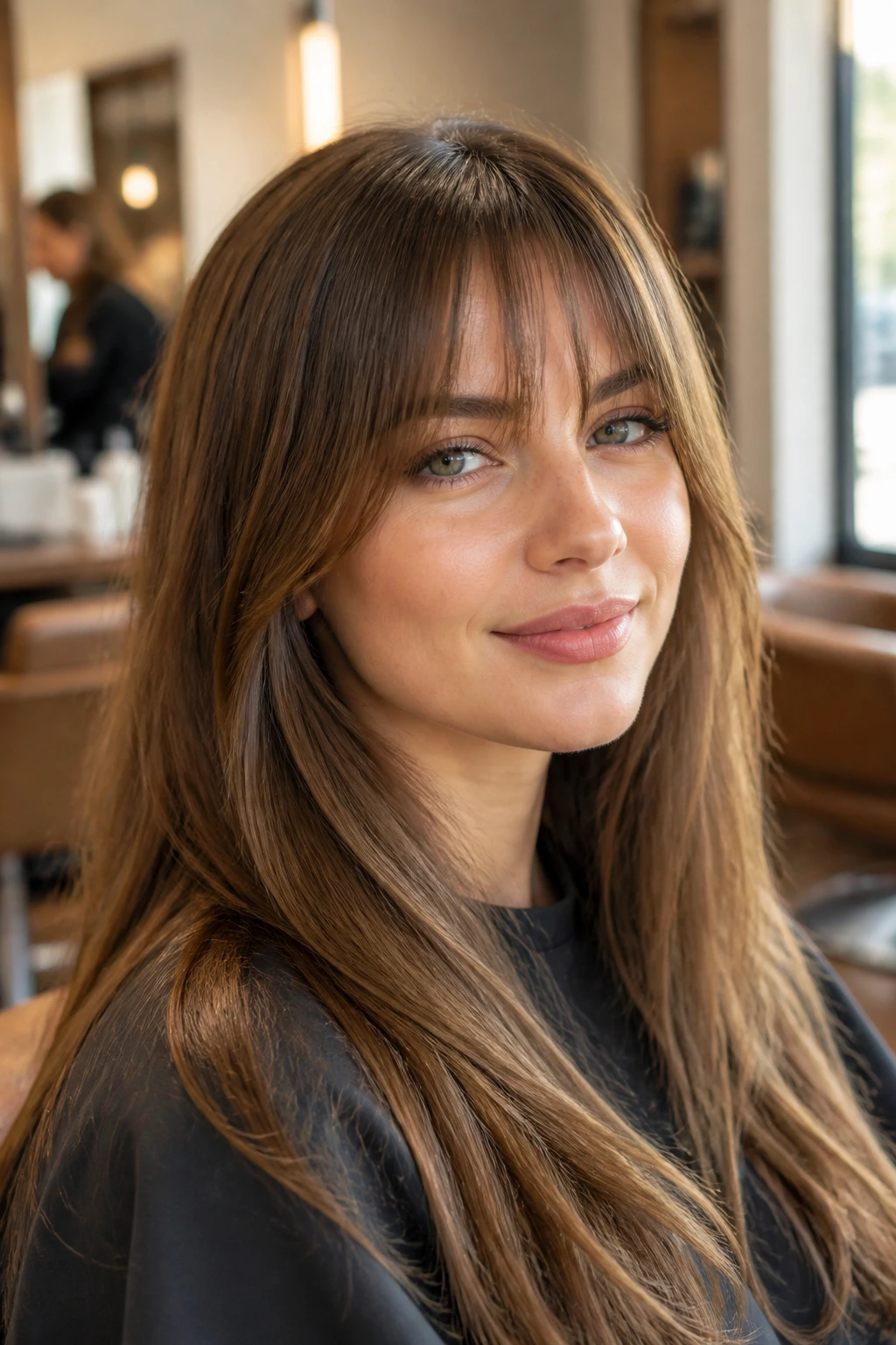 Close-up of a real woman with fringe in a salon chair
