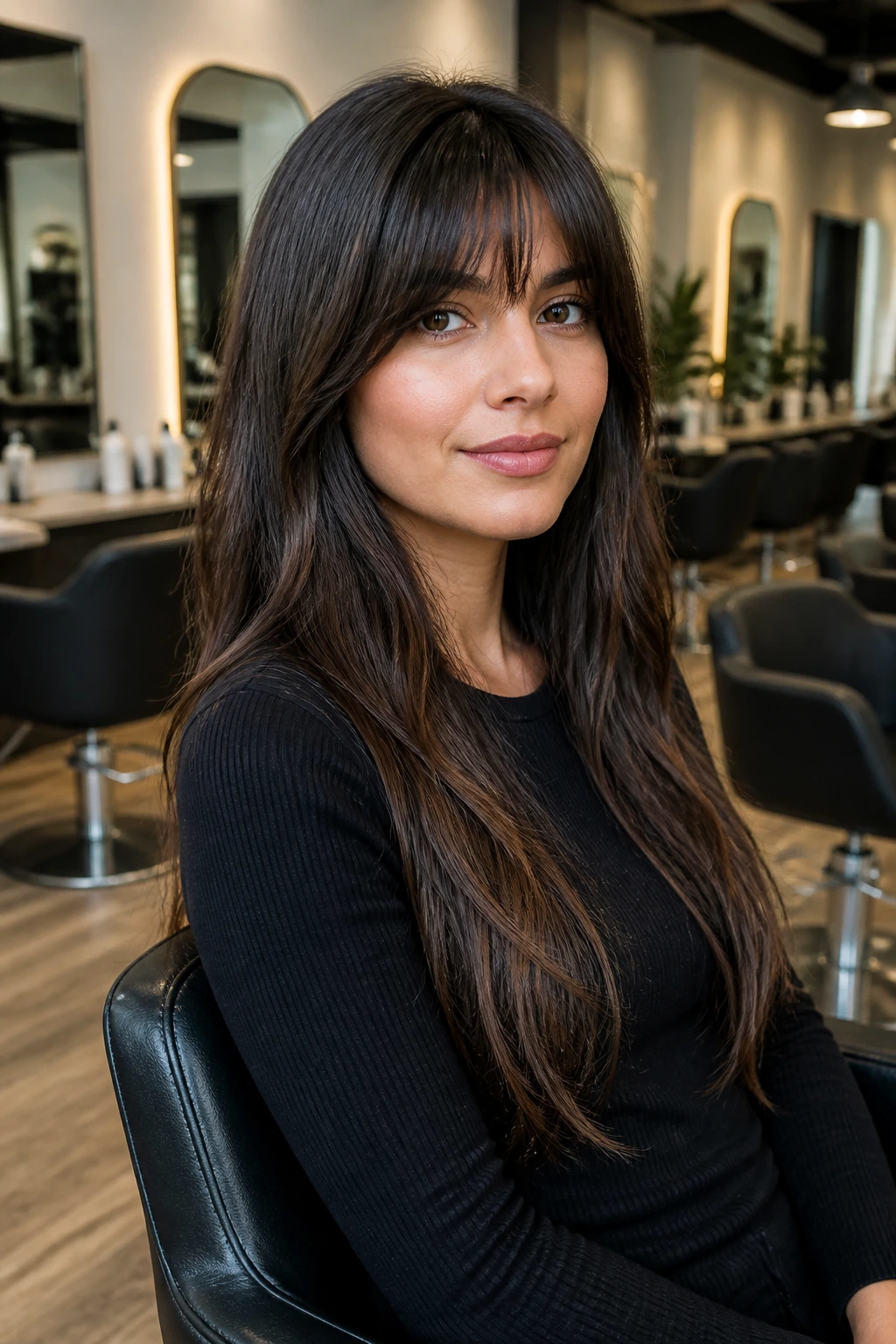 Real person in a salon chair with a flattering fringe and long hair