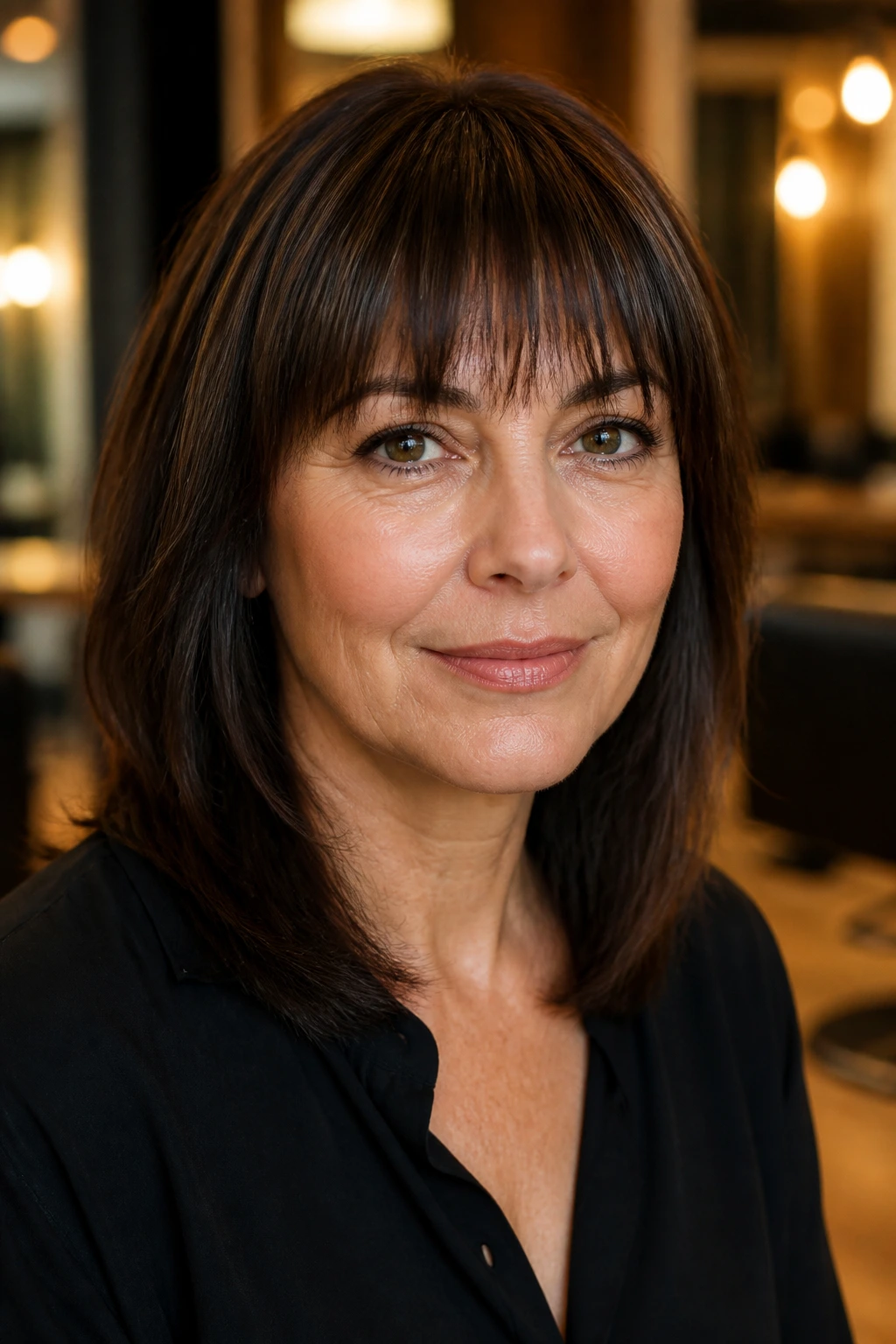Close-up of a woman with fringe above the brows in a salon setting