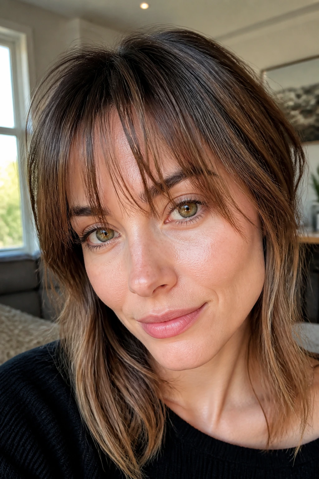 Close-up of a real person with piecey fringe and separated strands in natural light