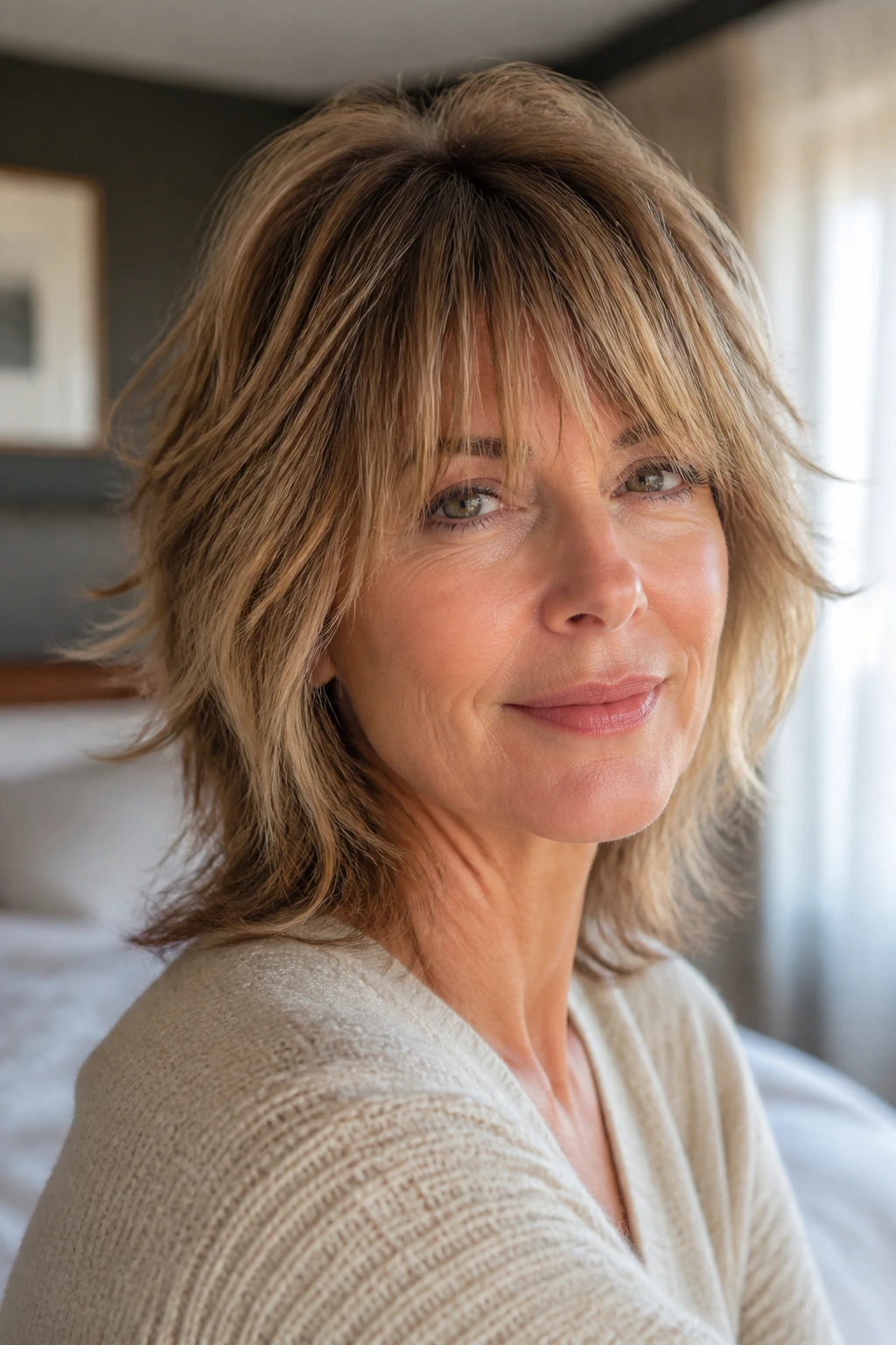 Close-up portrait of a real woman with brow-grazing fringe and loose shag layers in bedroom daylight