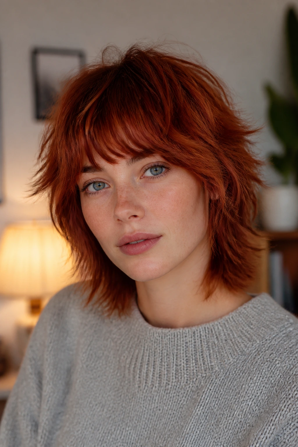Real person with a short shag showing a fringe variation in red hair