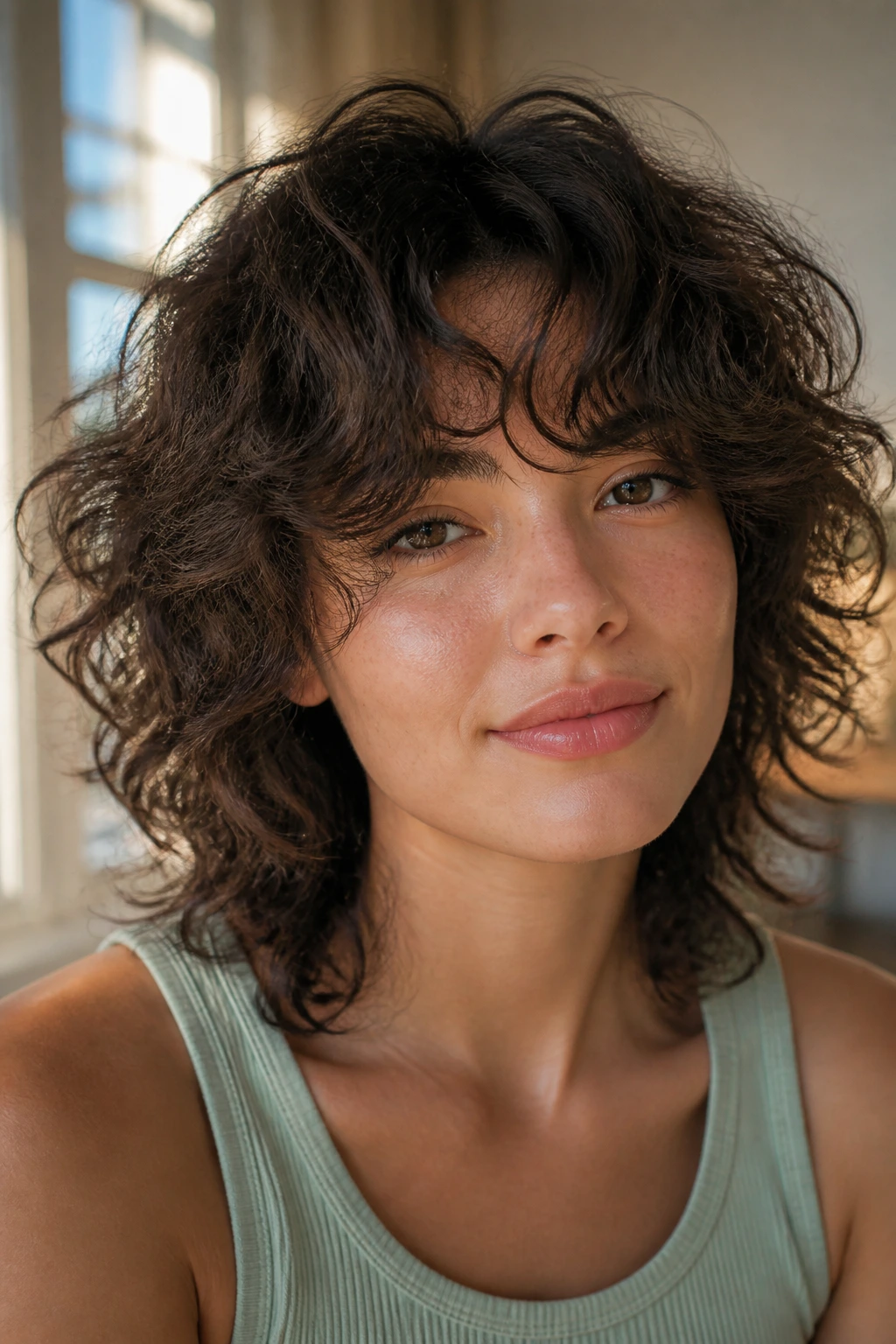 Close-up of a real person with fringe-first curly shag and long curtain bangs in warm window light