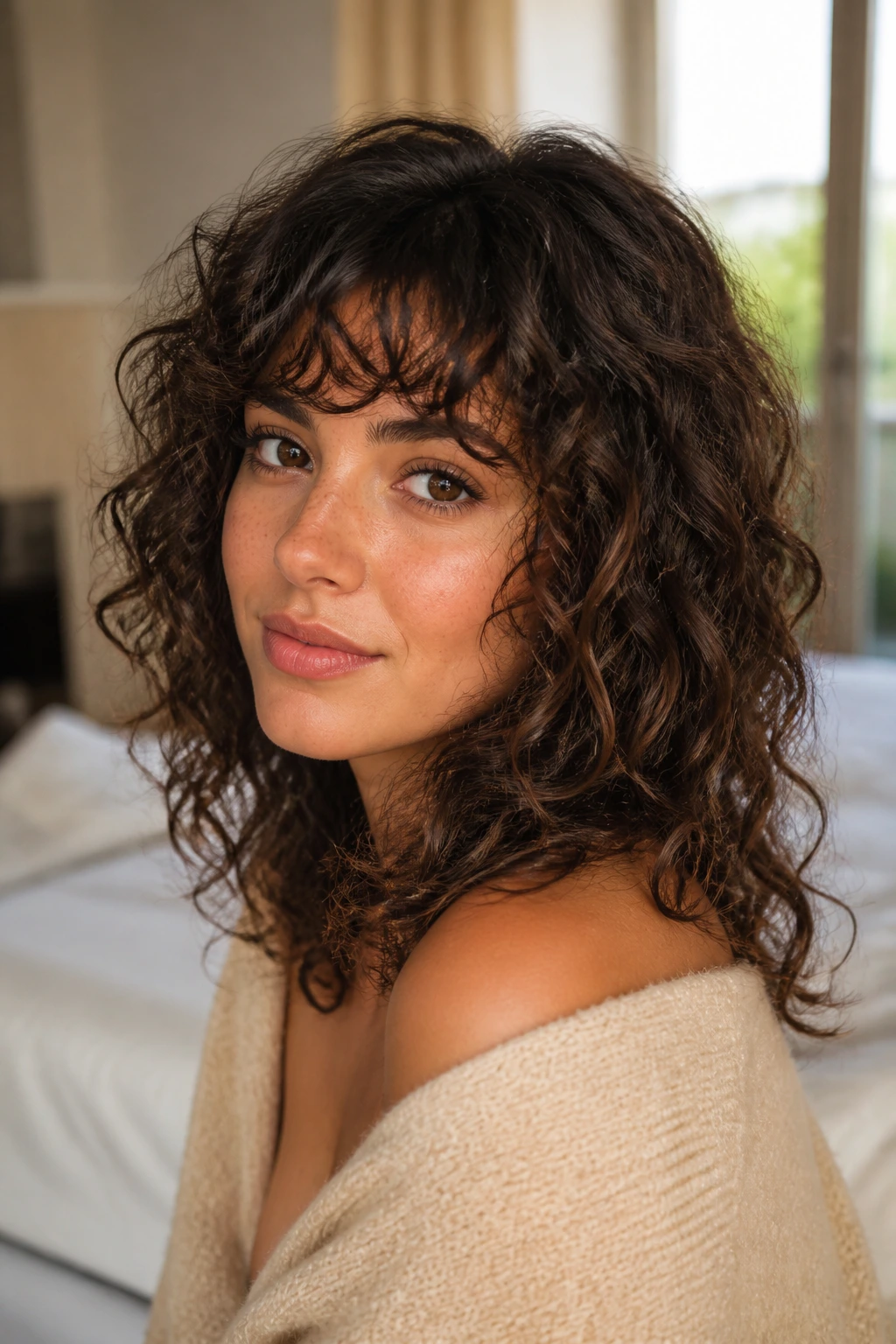 Close-up portrait showing bottleneck bangs on curly hair with window-light background.