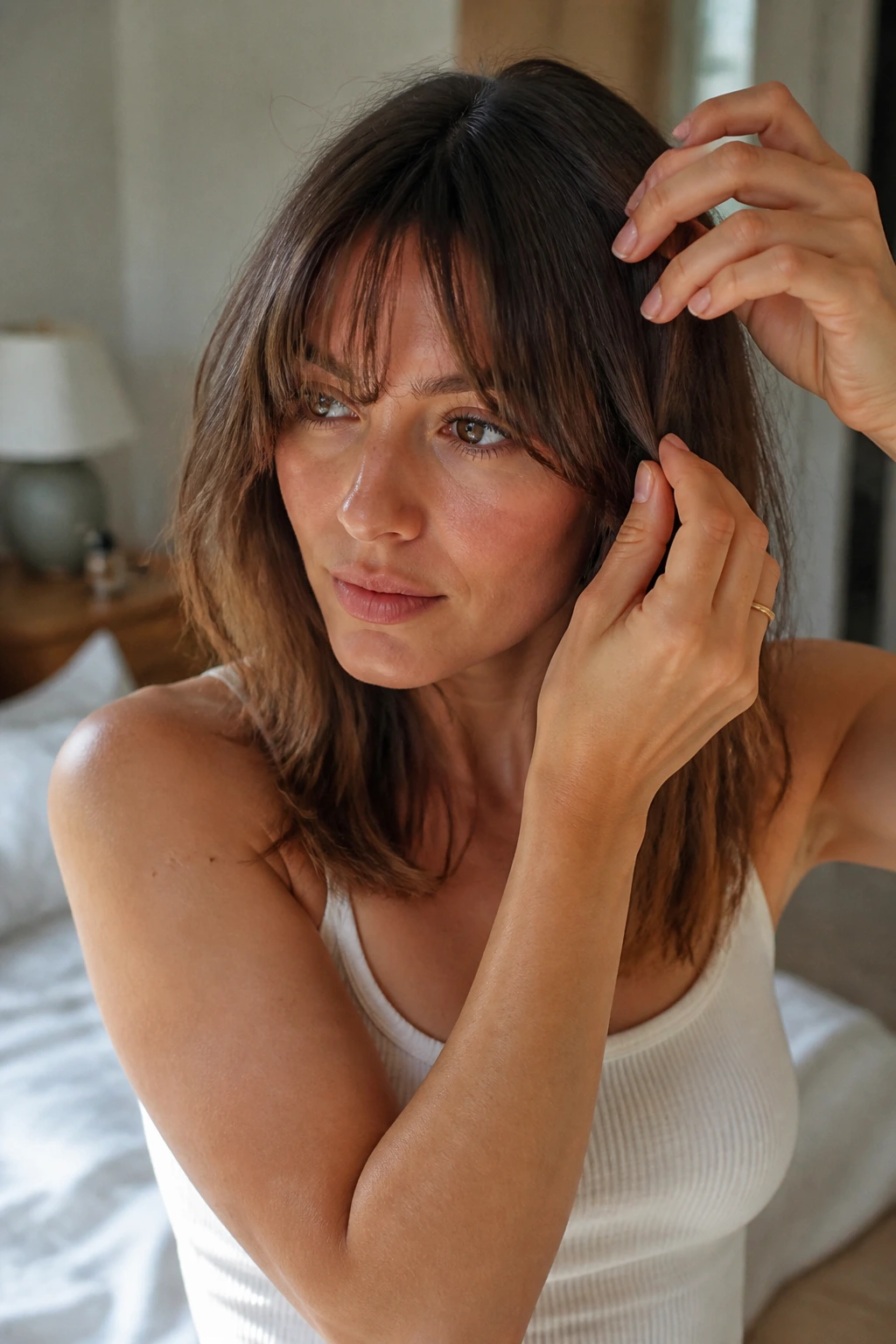 Real woman with crisp fringe shape in soft morning light