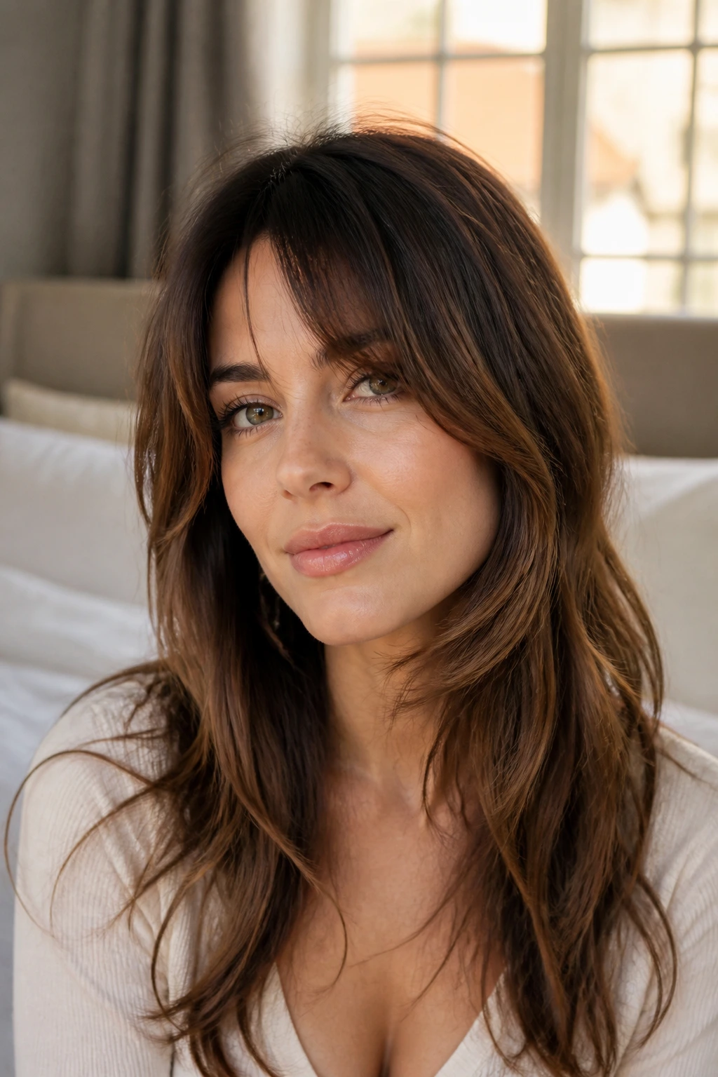 Close-up portrait of a woman with a fringe that starts longer at the center and softens into face-framing pieces
