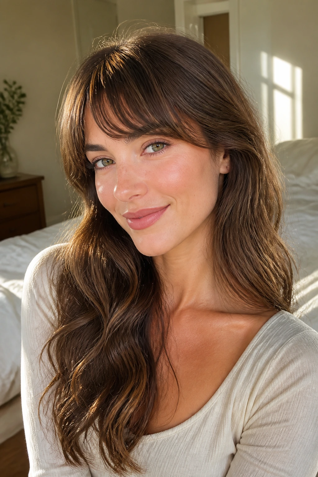 Close-up of a real woman showing fringe shape matched to soft waves.