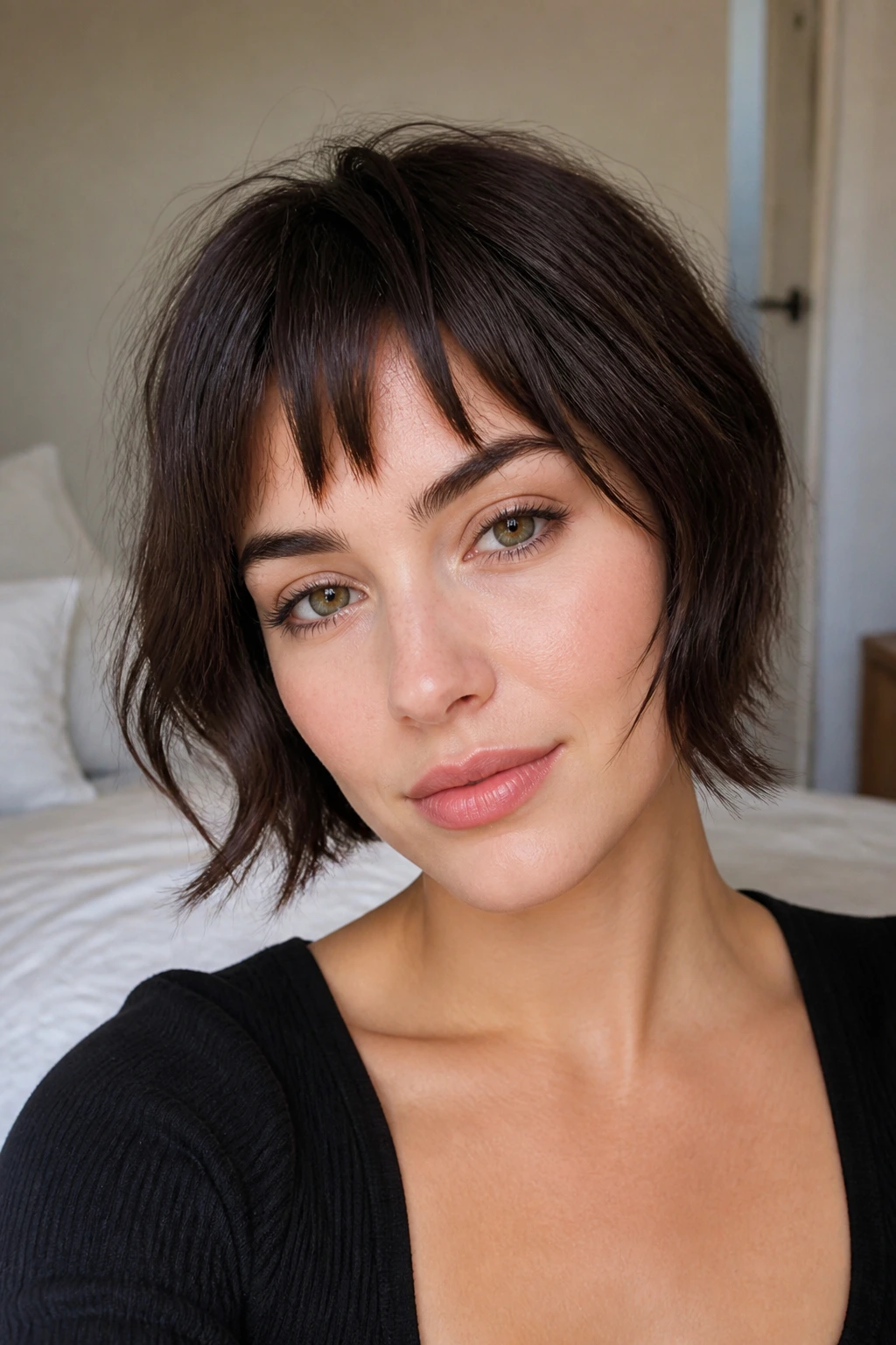 Close-up of a real woman's fringe shapes with light, piecey front bangs