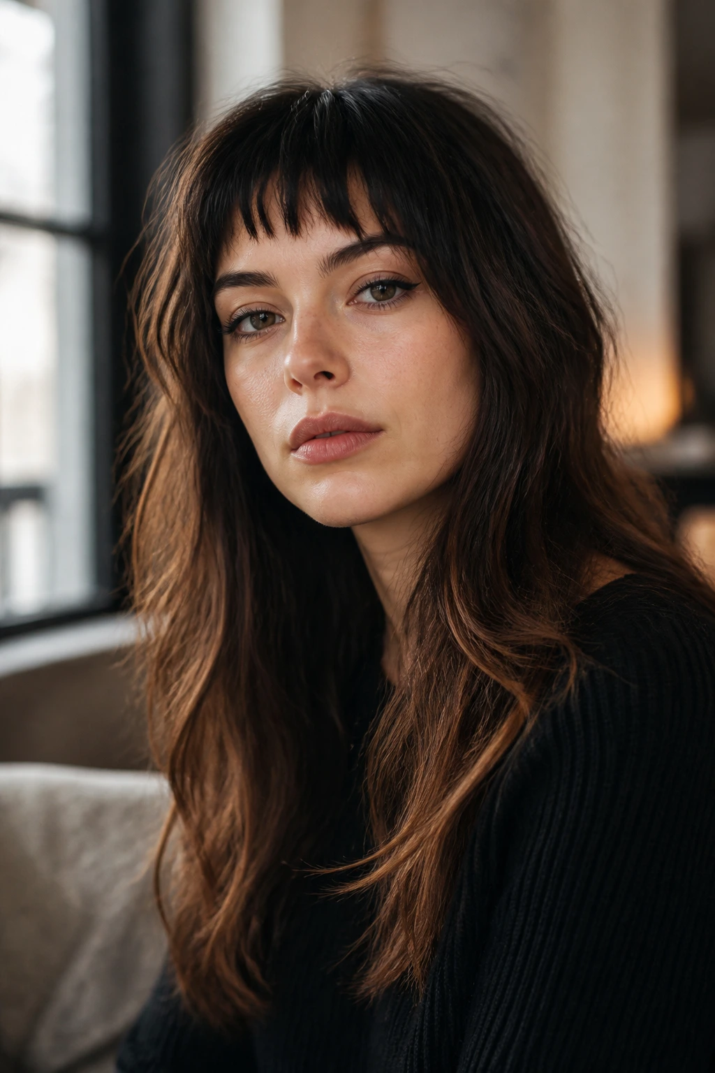 Close-up of a real woman with a soft, broken fringe just above the eyes in a cozy sunlit room