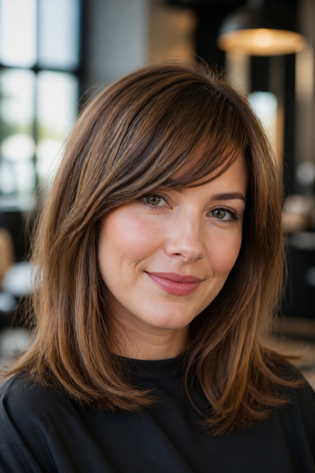 Close-up portrait of a real woman with a diagonal fringe on a round face, lit by natural window light