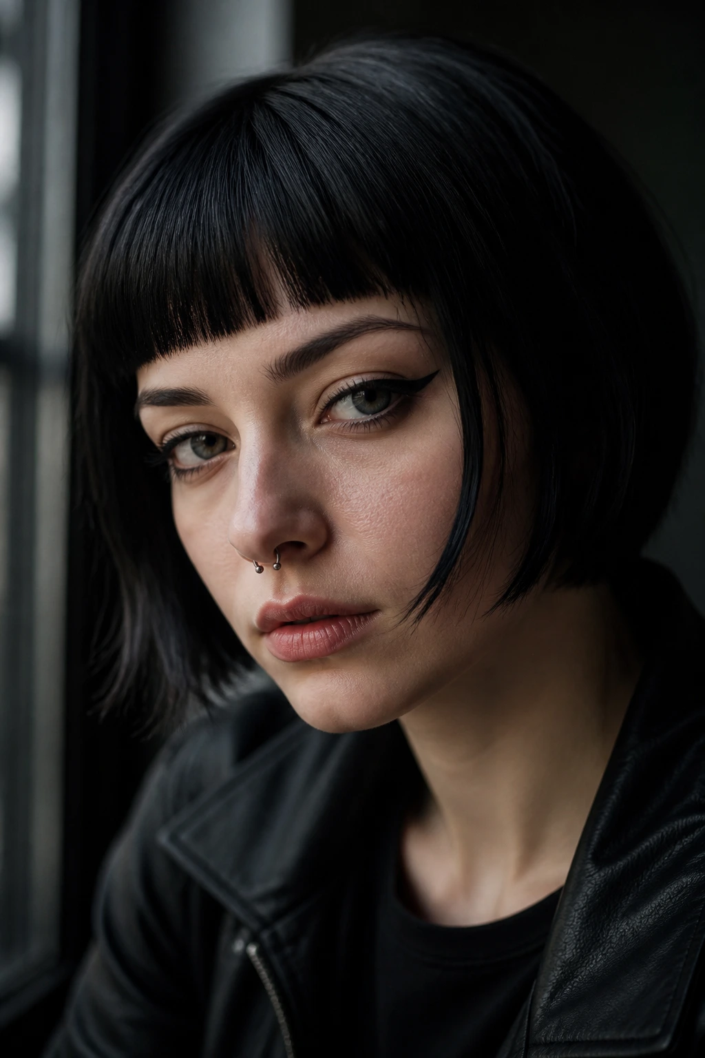 Close-up portrait of a real person with a blunt fringe on short dark hair in moody window light