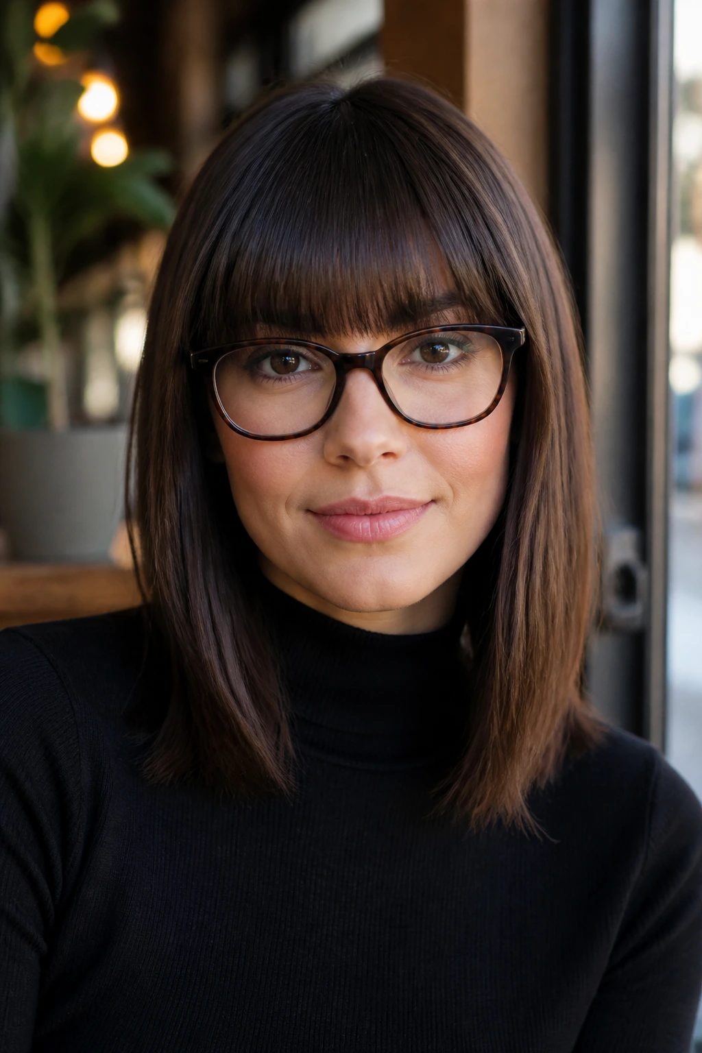 Close-up portrait of a woman with brow-skimming fringe and sleek shoulder-length hair.