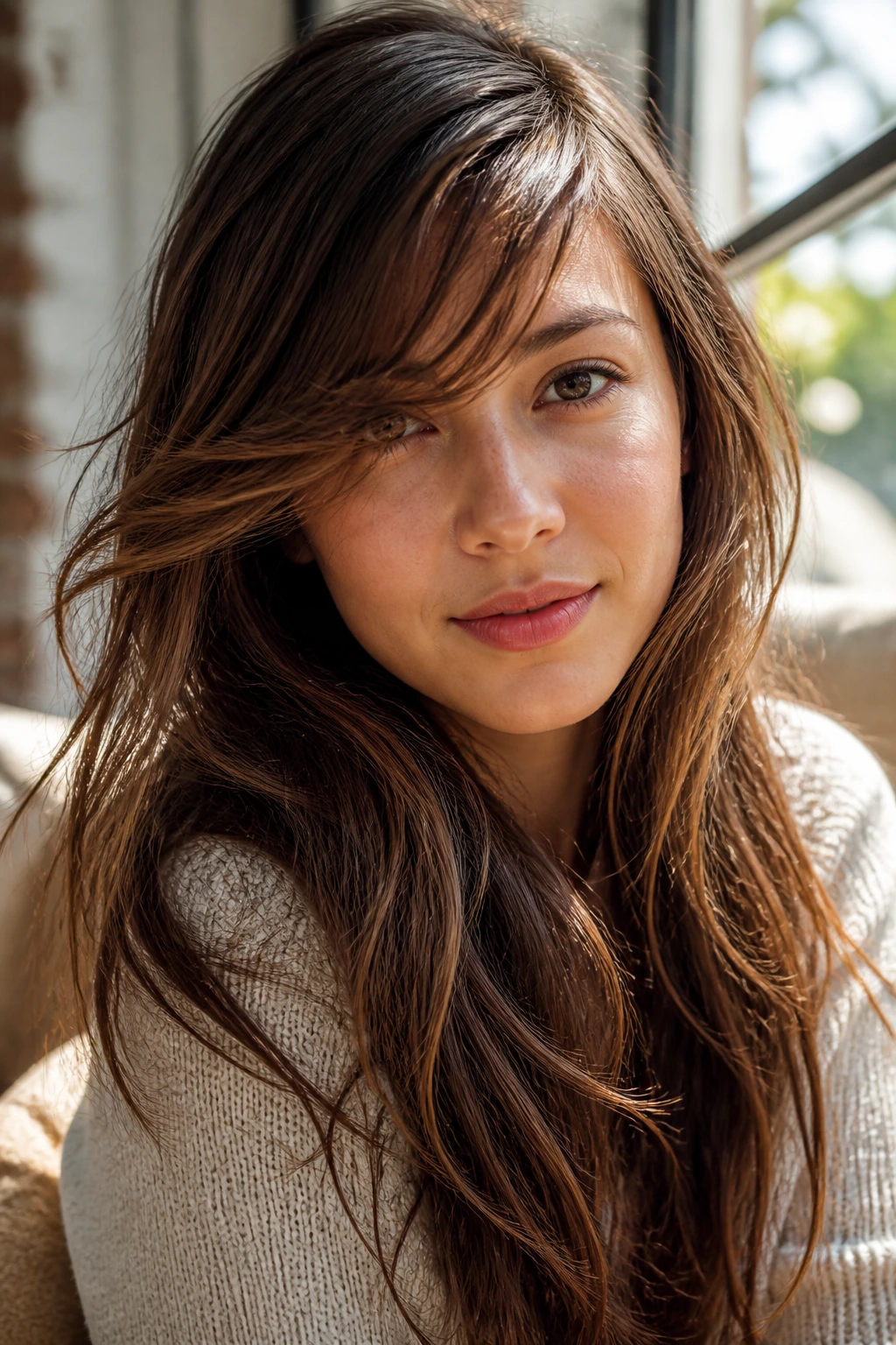 Close-up portrait of a real woman with diagonal side fringe and long hair.
