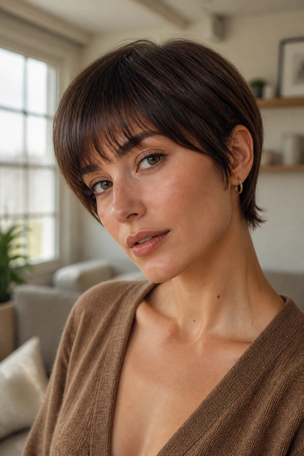 Close-up showing how fringe changes the silhouette on short hair
