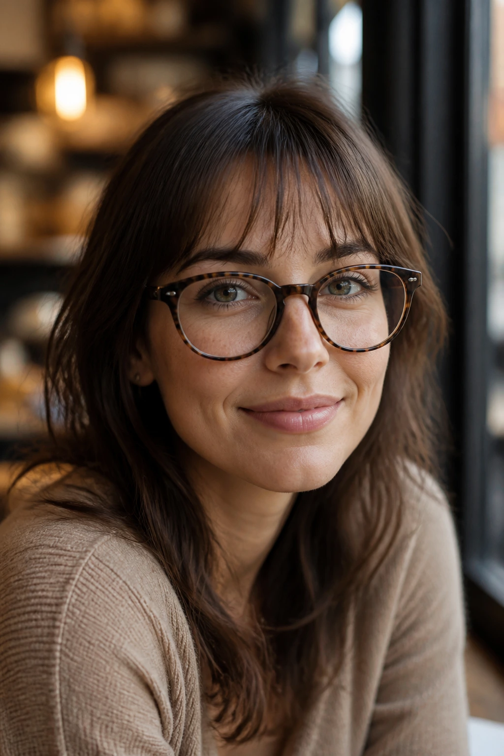 Close-up of a woman with airy fringe and glasses demonstrating fringe styles.