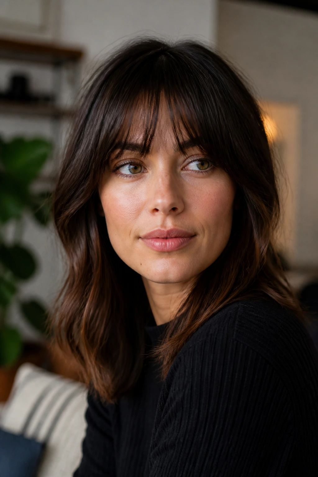Close-up portrait of a real woman with a flattering fringe framing her eyes.