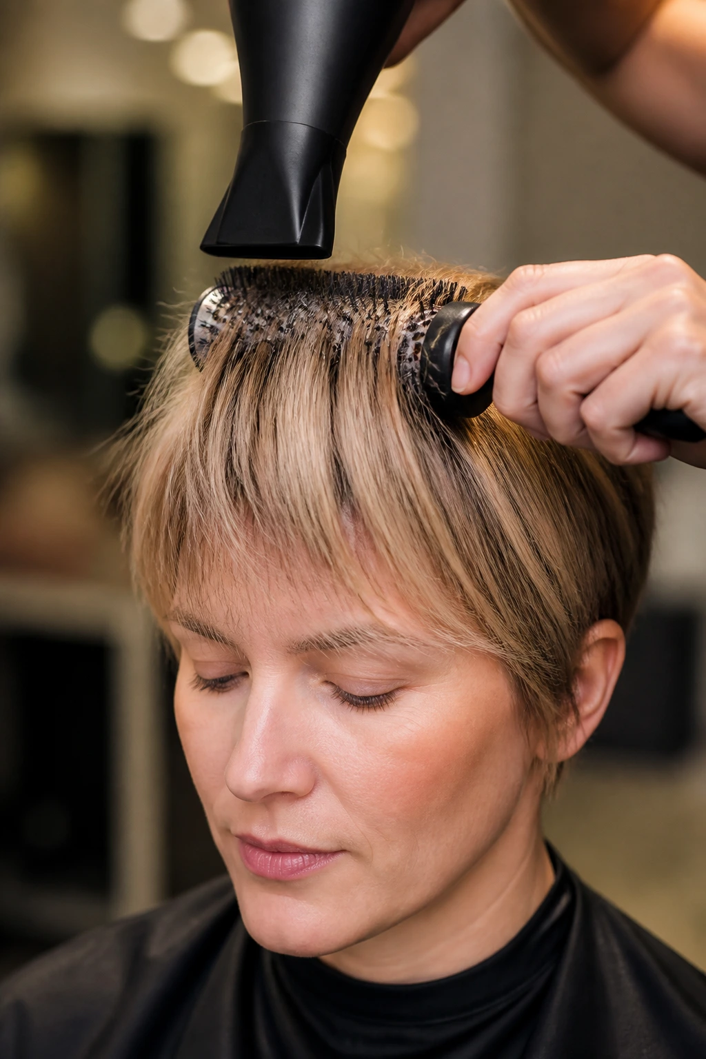Close-up of a fringe being styled with a blow dryer and round brush on a real person.