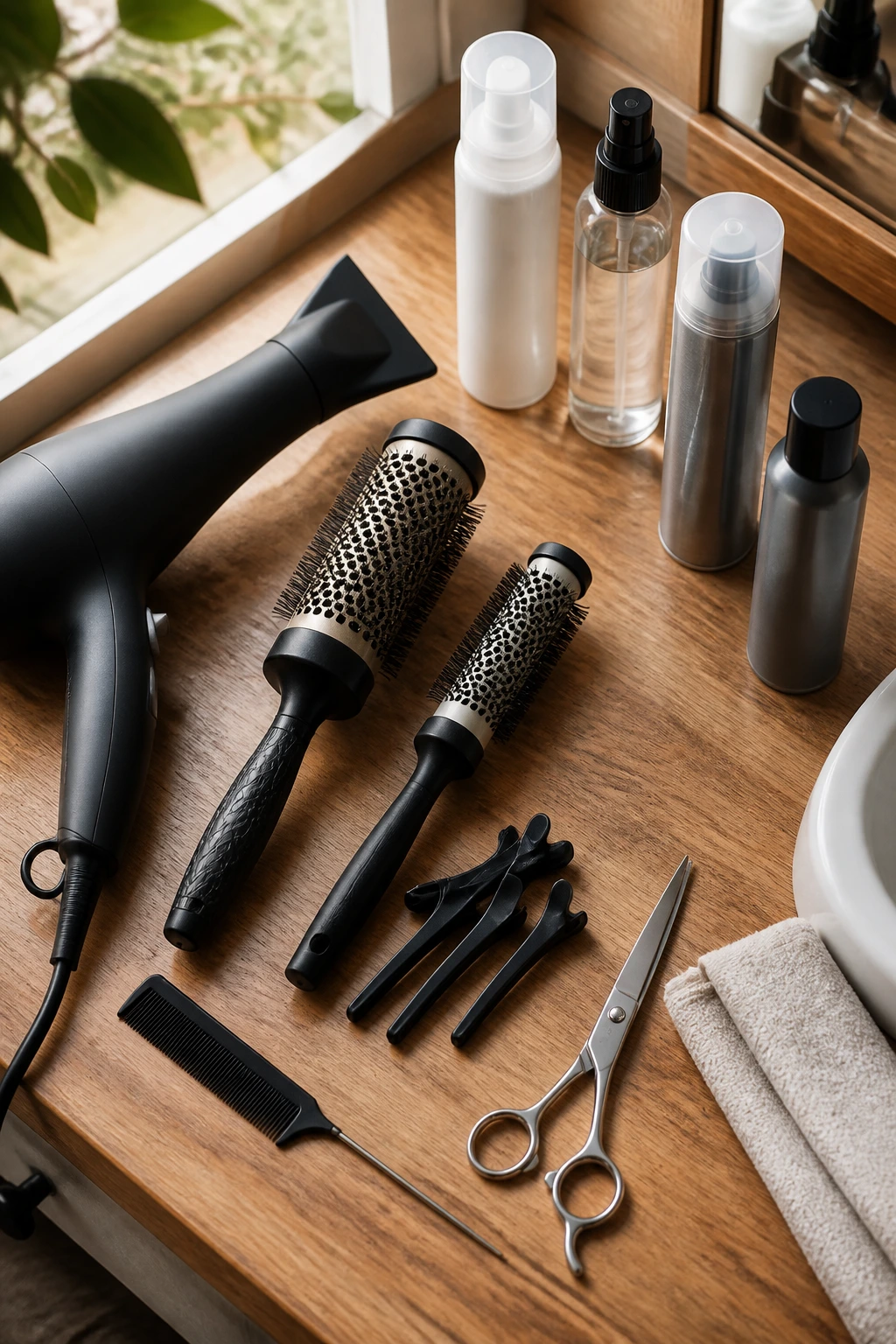 Top-down flat lay of fringe styling tools on wooden vanity