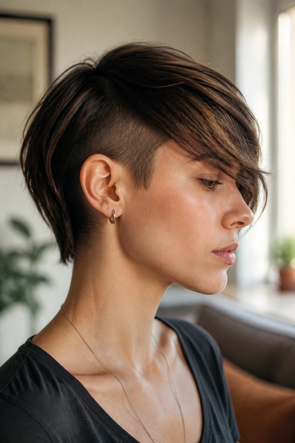 Side-profile portrait of a person with long fringe sweeping across the forehead and hidden temple shave