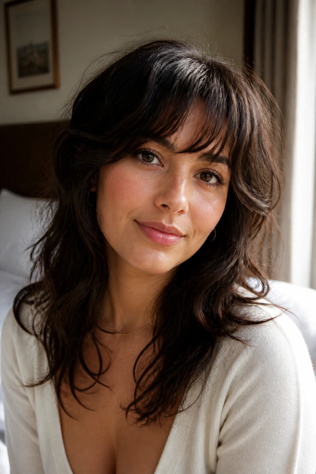 Close-up of a real woman with textured fringe in a cozy bedroom setting