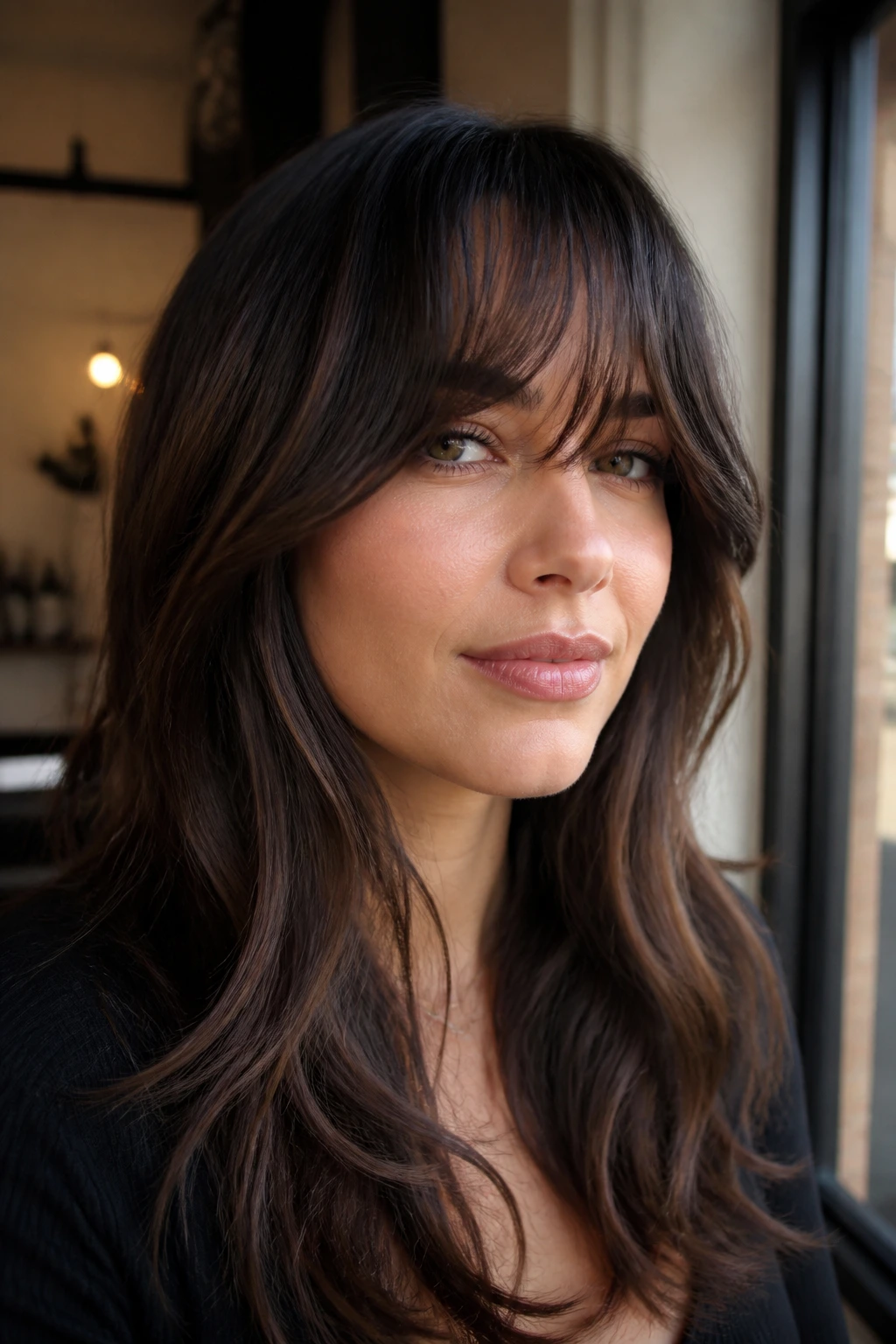 Close-up of textured fringe variations on a real person in a salon