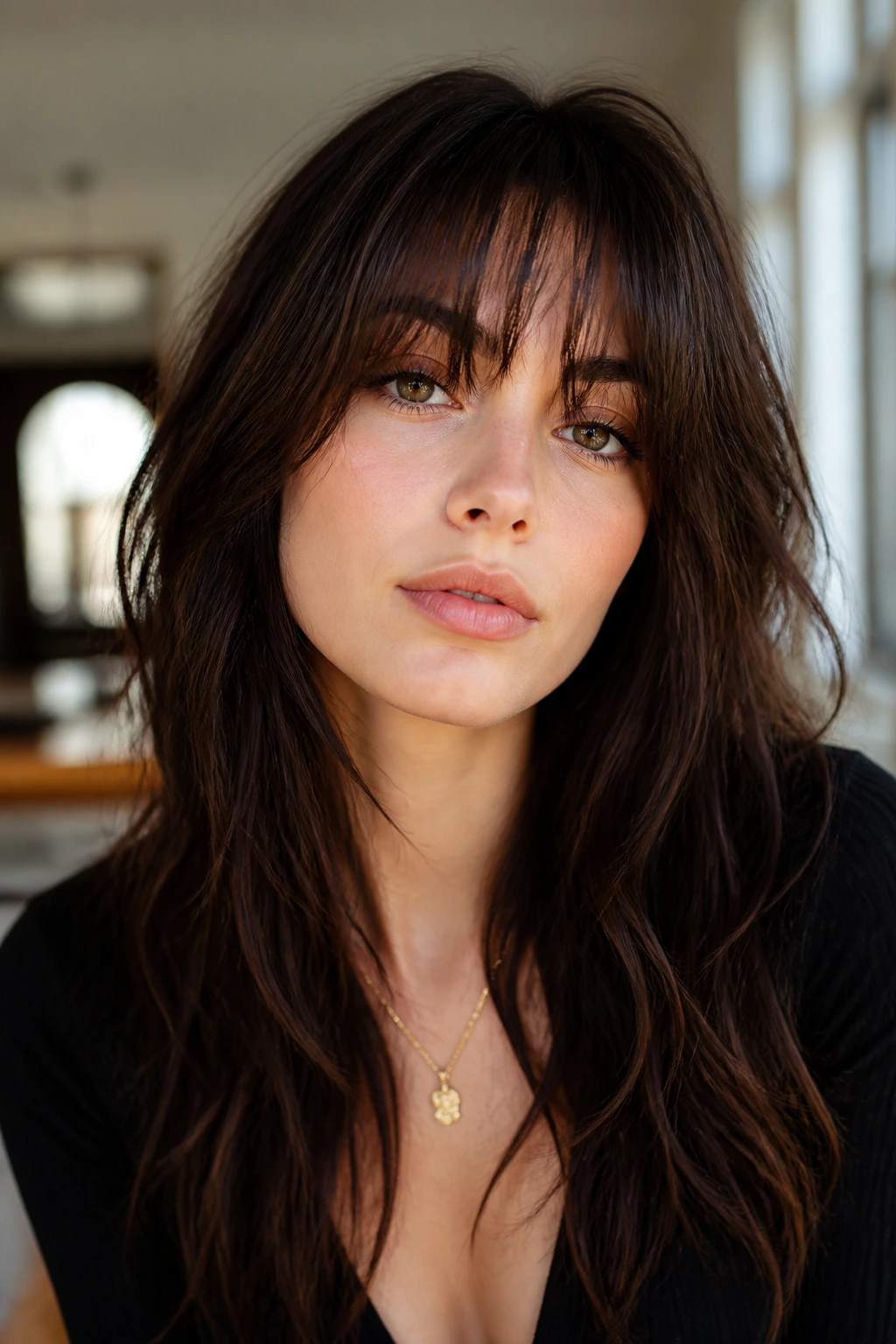 Close-up of a person with fringe across the forehead showing hair texture