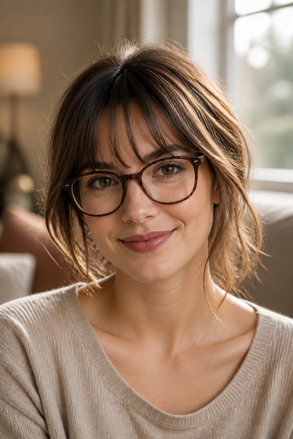 Portrait of a woman with soft fringe and glasses in a cozy living room