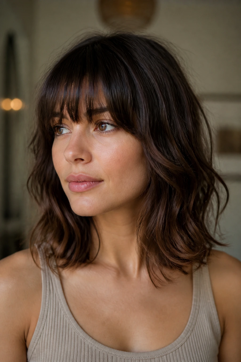 Close-up of fringe on a real person highlighting texture and density