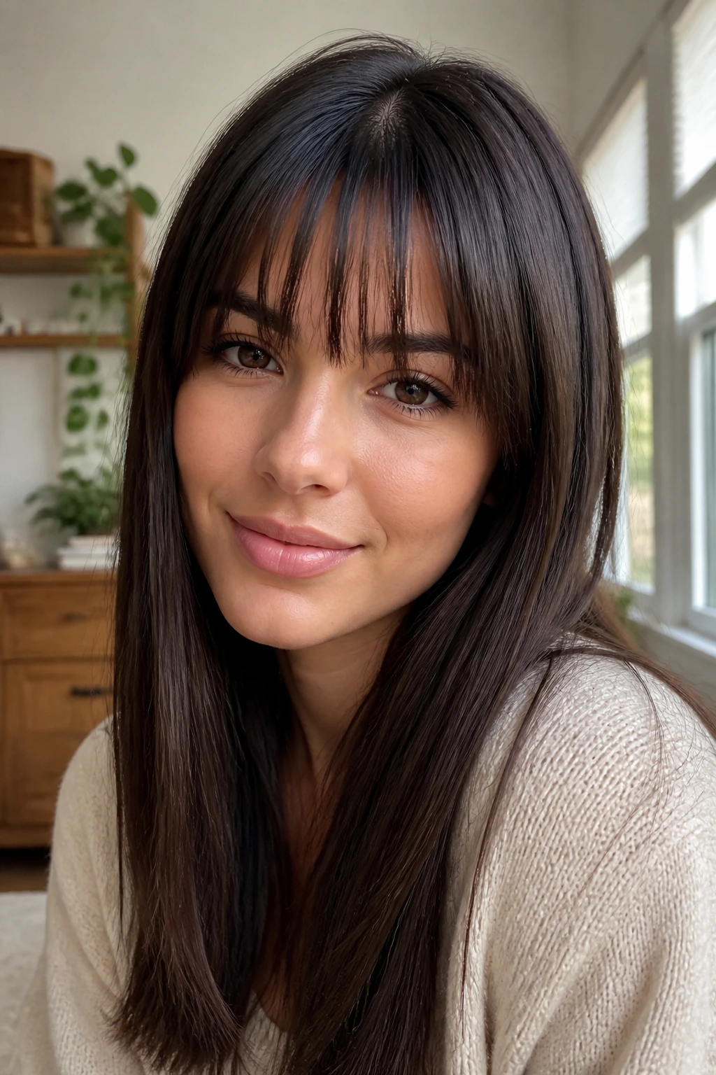 Close-up portrait showing a fringe suited to straight hair texture in natural light.