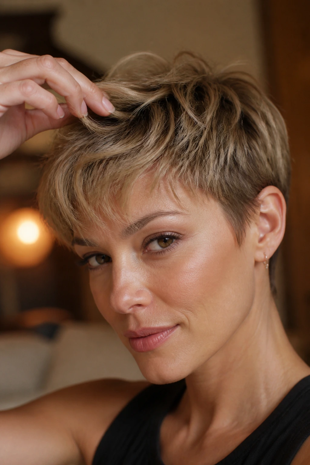 Close-up of textured pixie fringe with intentional styling
