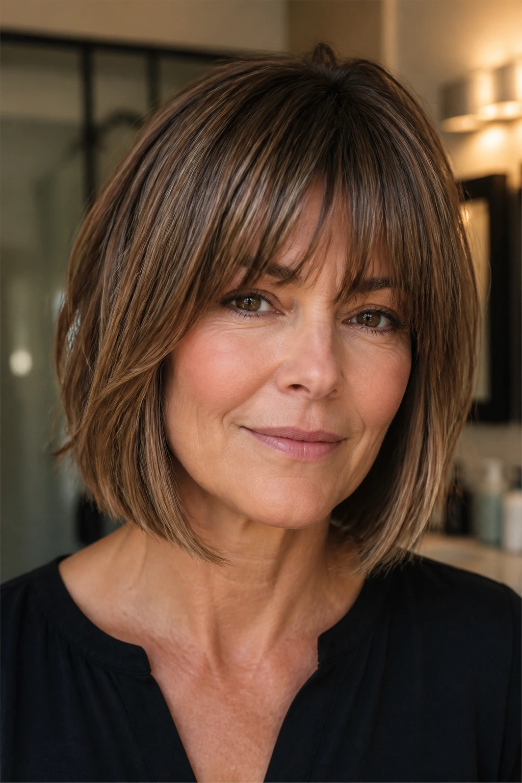 Confident portrait of a real woman with a well-balanced fringe on a bob