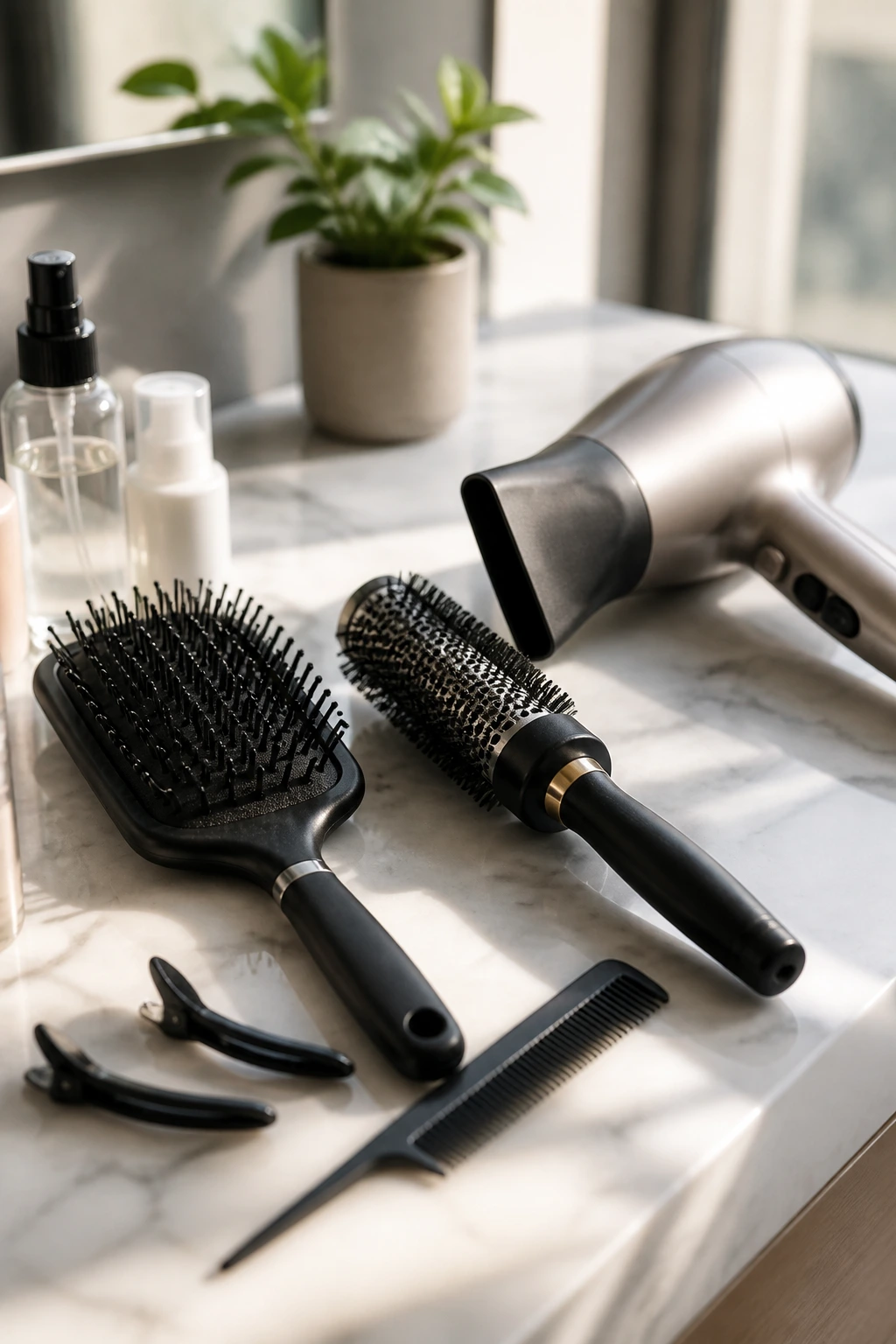 Close-up of fringe styling tools on a bathroom counter
