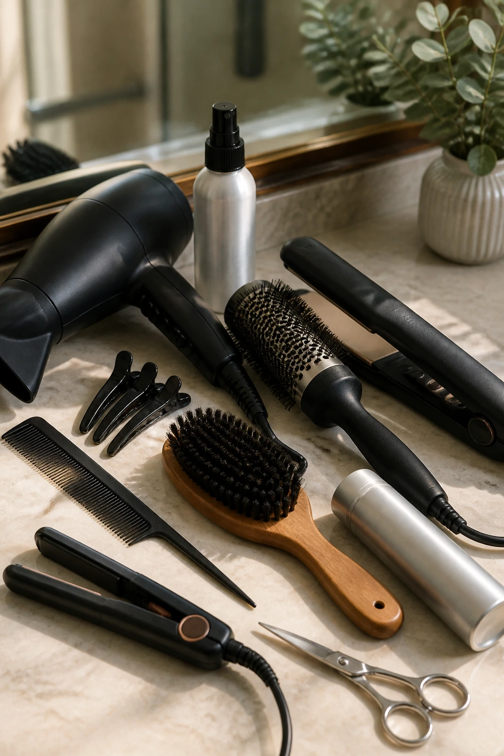 Close-up of fringe styling tools on a bathroom vanity, ready for smoothing and control