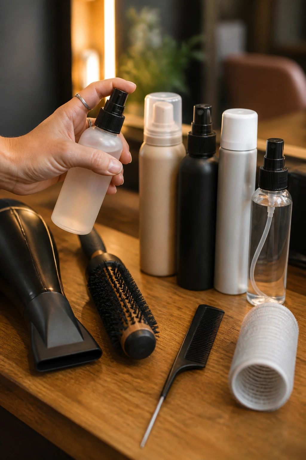 Close-up of fringe-care tools arranged on a vanity, including spray bottle, dryer, brush, mousse, and rollers.