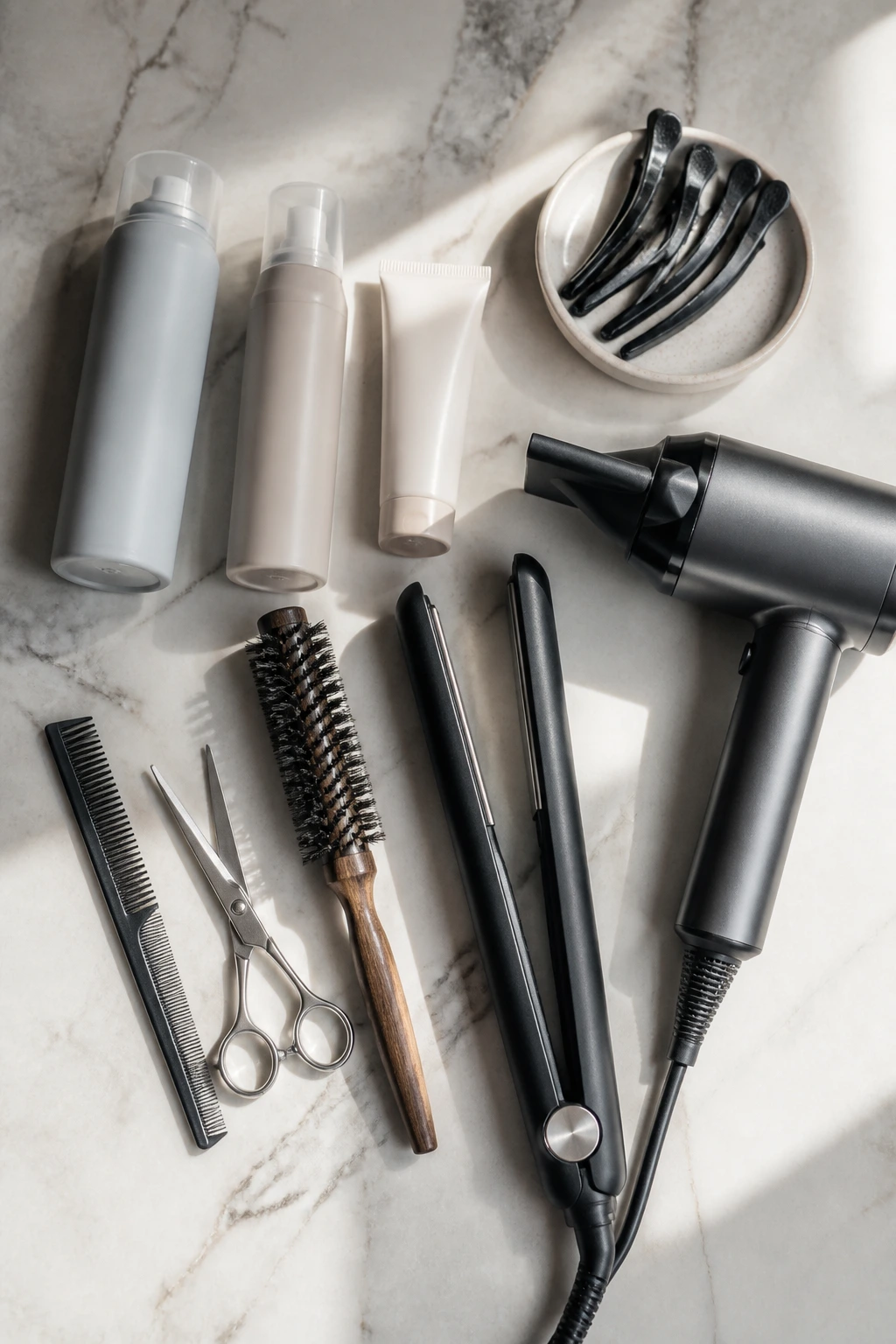 Flat lay of hair tools and light products for fringe care on a bathroom counter