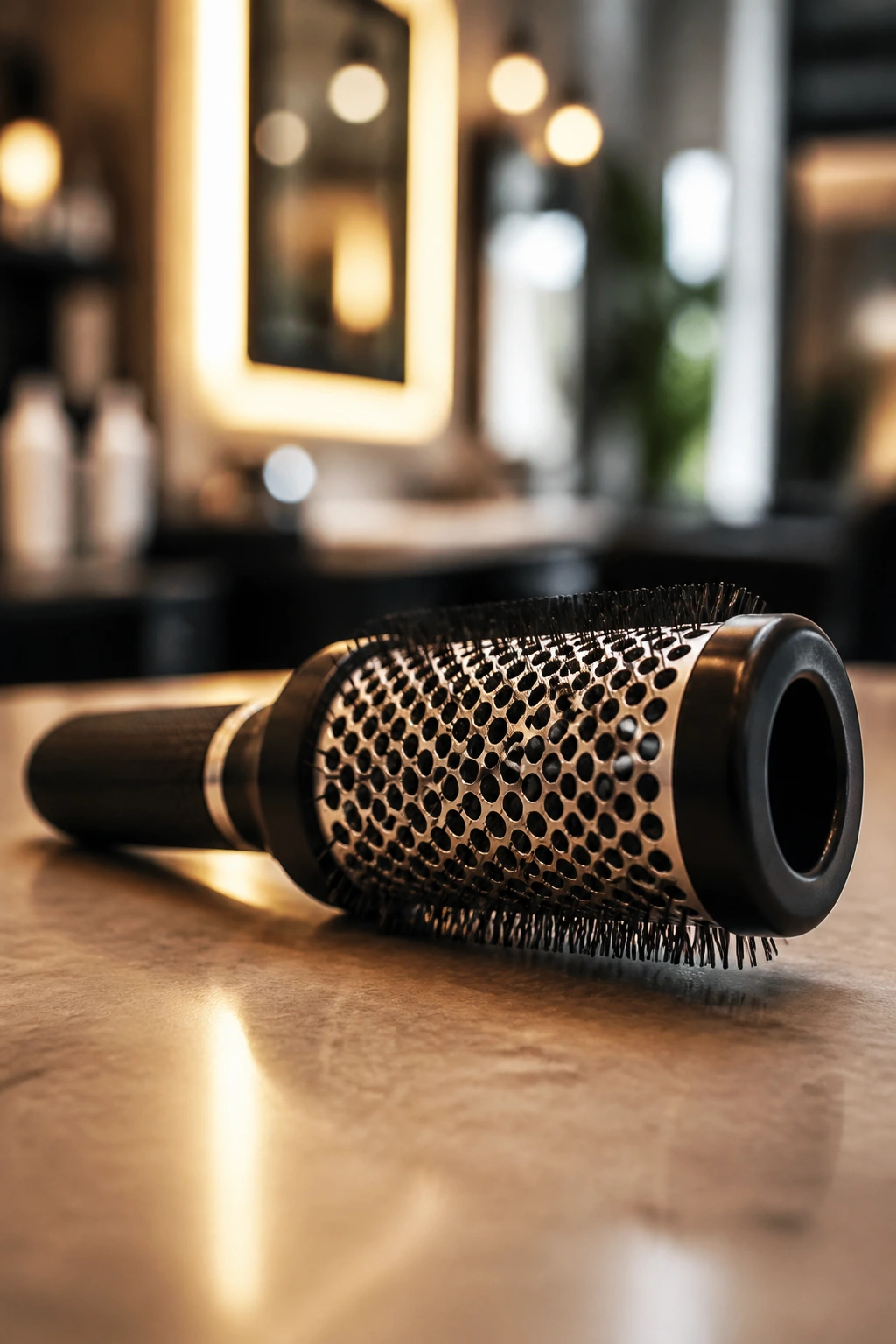 Macro image of a round hairbrush used for fringe styling on a salon counter
