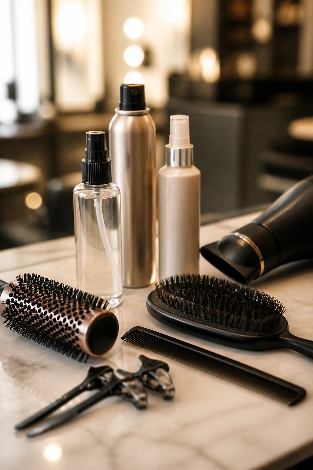 Close-up of fringe styling tools laid out on a counter in a salon