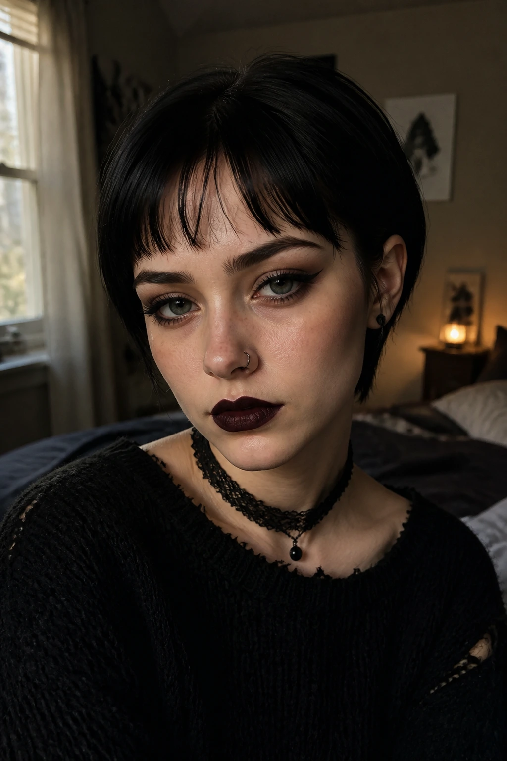 Close-up of a real person with fringe with tucked sides in a short goth haircut