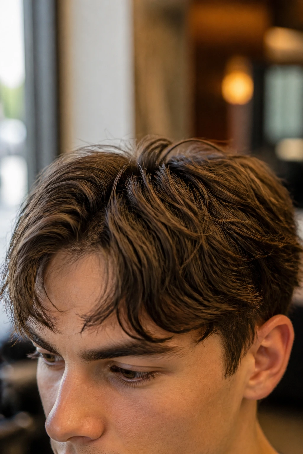 Close-up of head showing subtle fringe adjustments in medium-length hair.