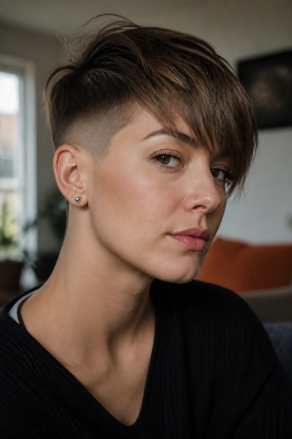 Close-up portrait of a real person with fringe-forward undercut fade indoors near window light.