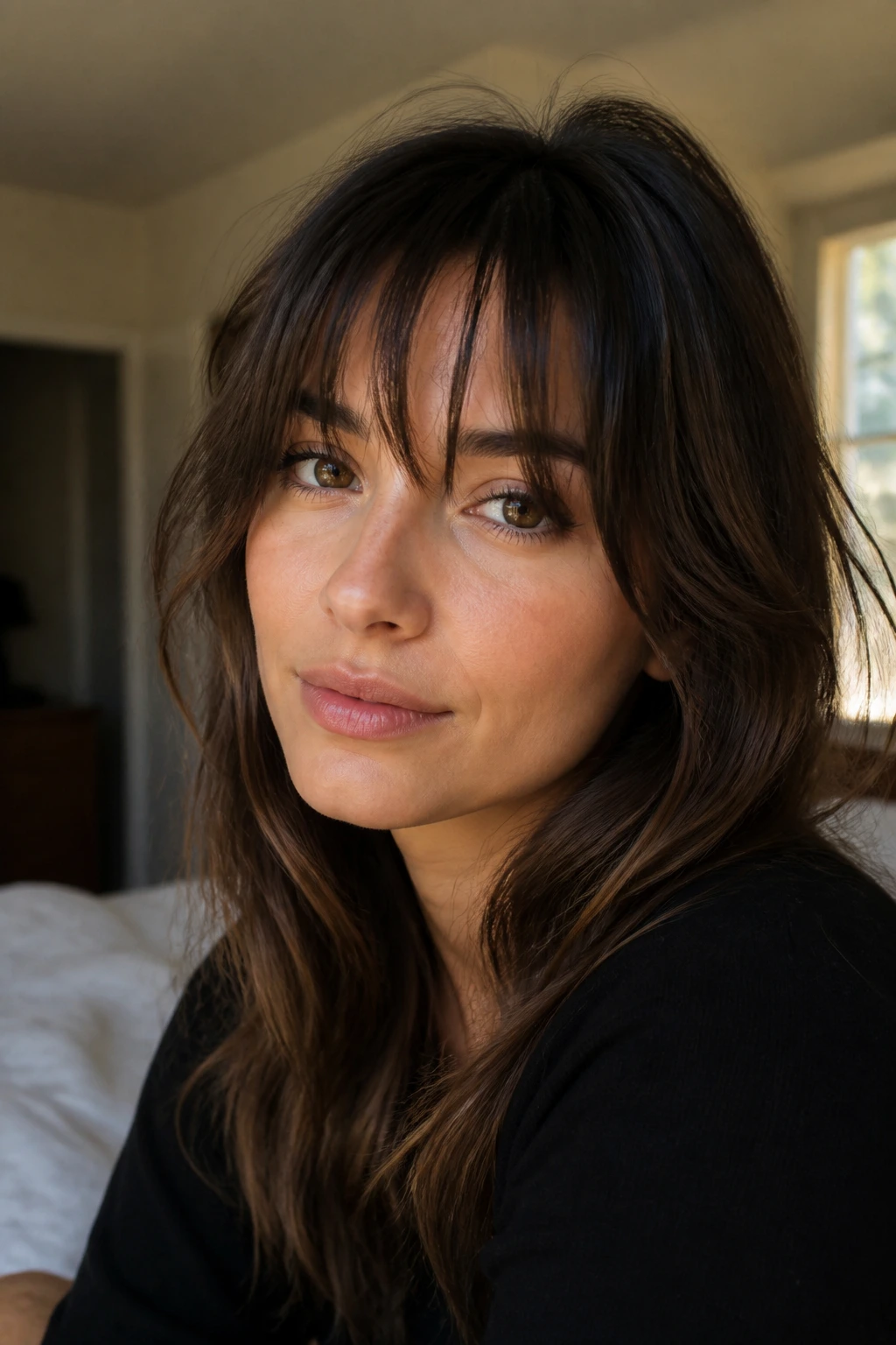 Close-up portrait of a real woman with softly undone French-girl bangs and gentle wave.