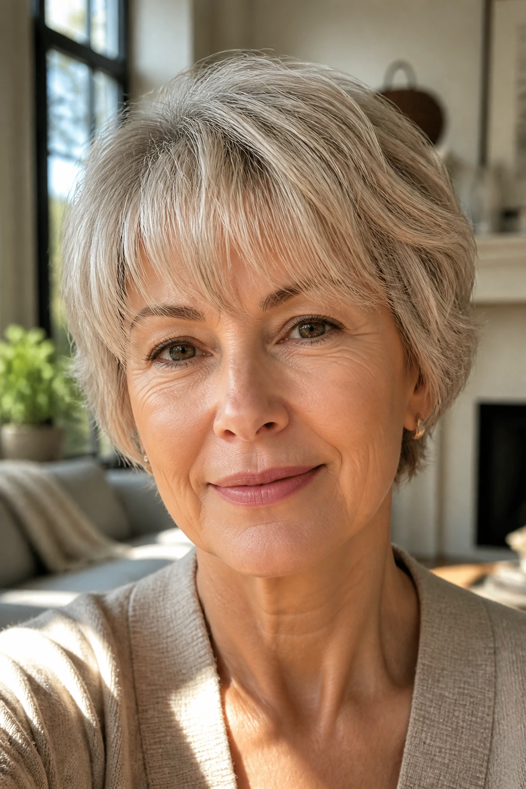 Real woman with an easy variation featuring softer fringe and natural layering in a sunny room